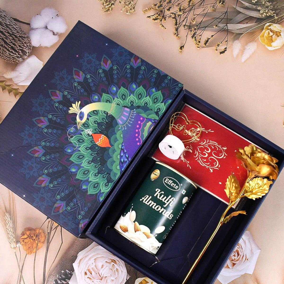 Valentines Day Love Set - Heart Light Chocolates Golden Flower Gift Box