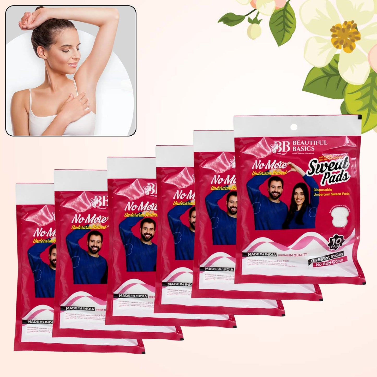 Beautiful Basics Underarms Sweat Pads Disposable (Pkts 6x 60 Pcs Set) - Happy Price - Image 2