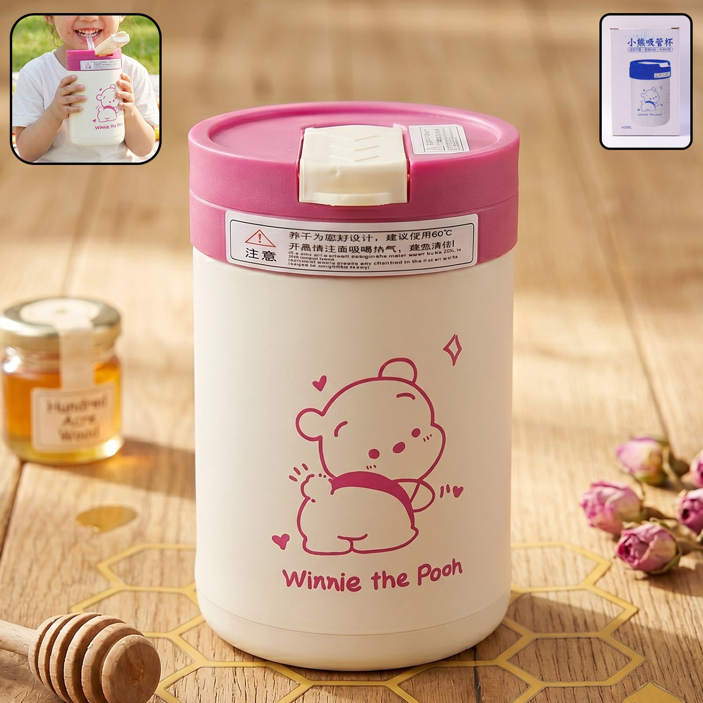 Cartoon Print Glass Tumbler with Lid and Straw - 400 ML - Great Price - Image 2