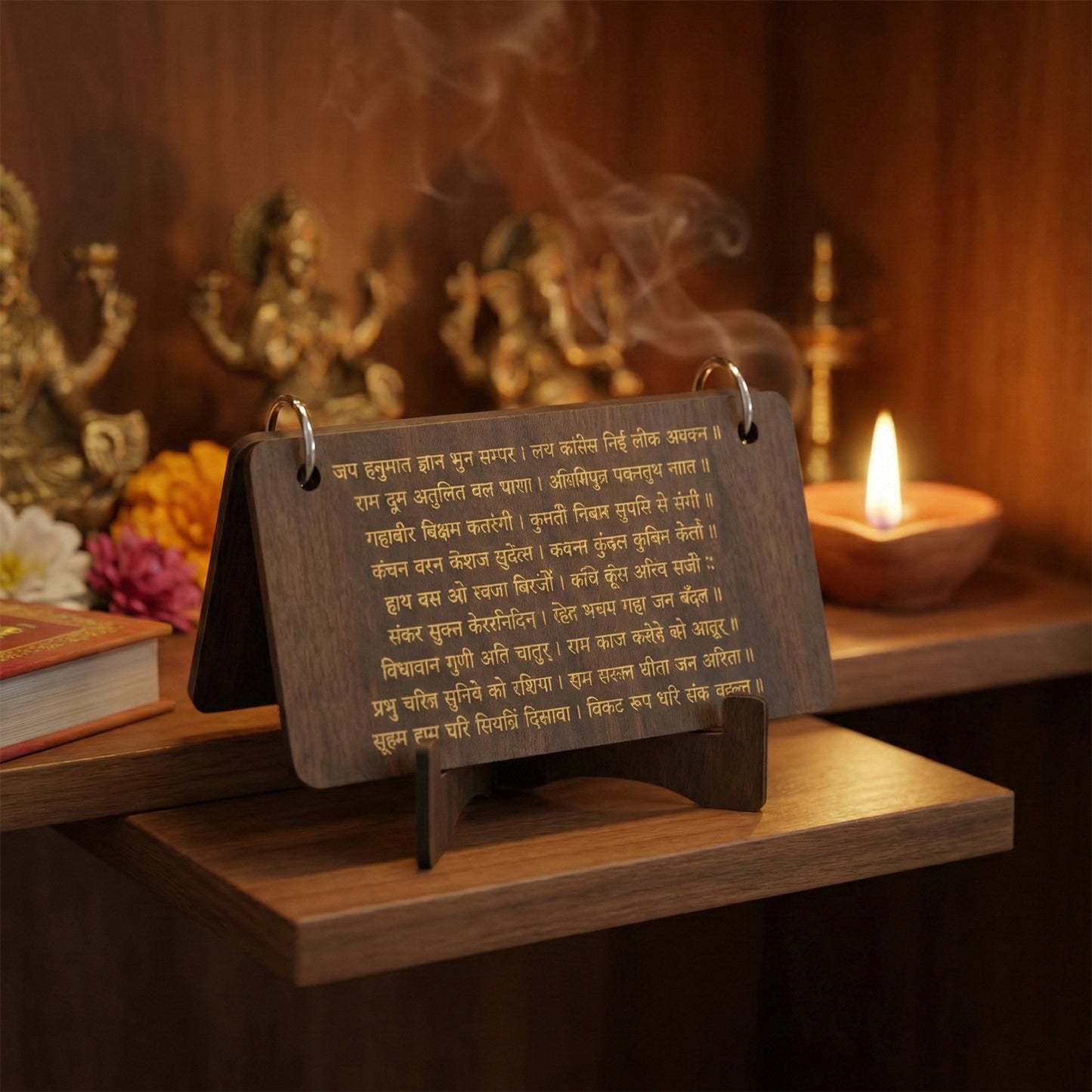 Wooden Hanuman Chalisa Flip Book with Stand - Engraved Hindi Text - Great Price - Image 2