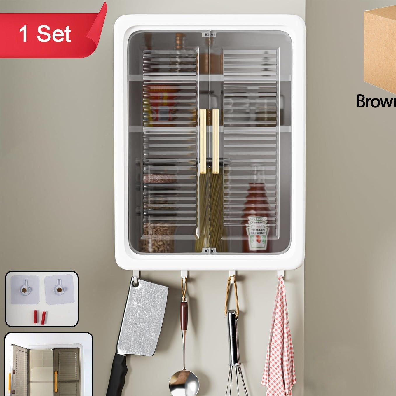 Wall-Mounted Kitchen Cabinet with Sliding Doors & Hooks - Happy Price - Image 1