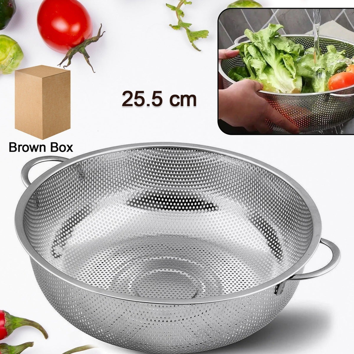 Stainless Steel Colander With Handle Large Metal Mesh Basket Strainer For Pasta Spaghetti Berry Veggies Fruits Kitchen Food Colander Dishwasher Safe (1 Pc 25.5 Cm) - Happy Price - Image 1