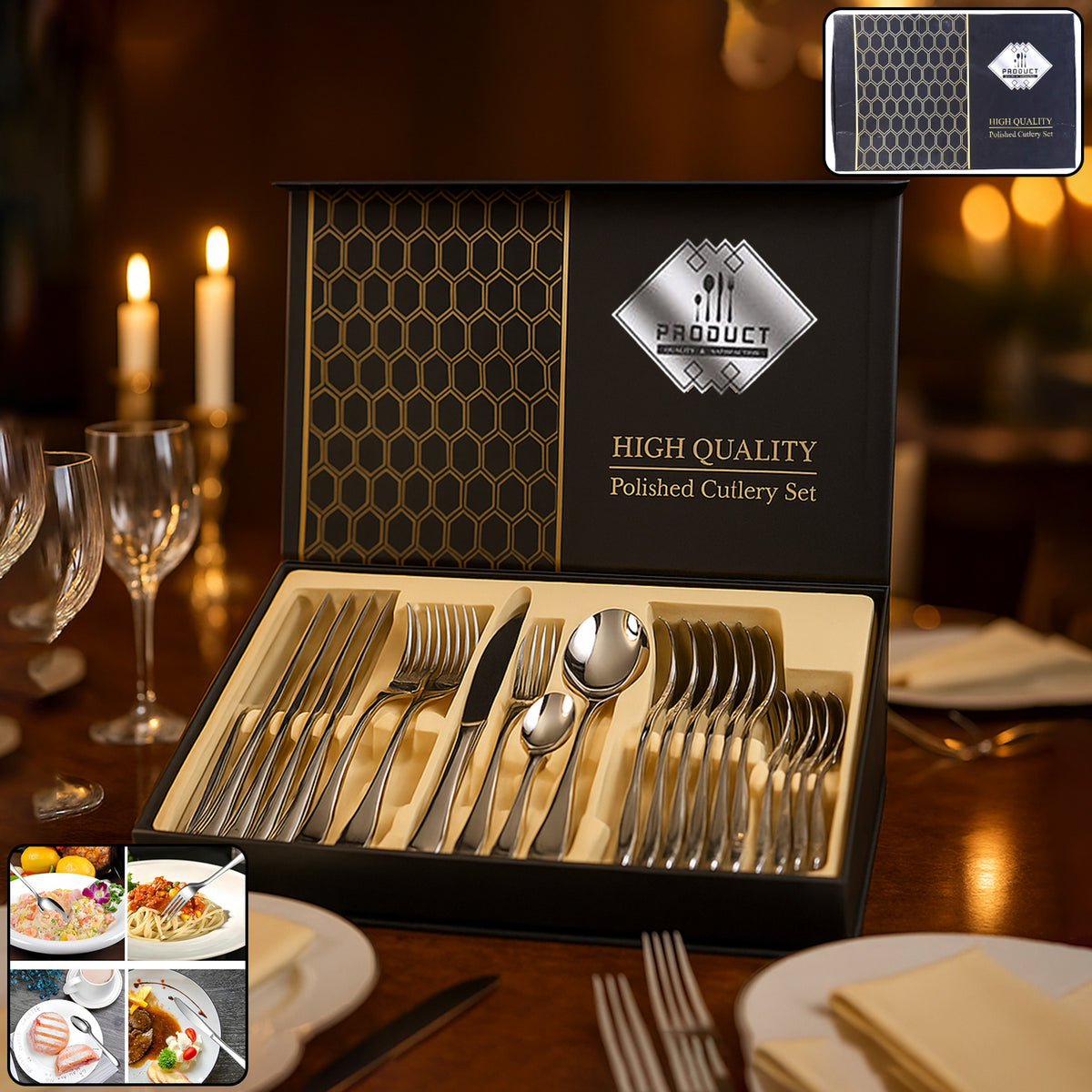 24 Piece Stainless Steel Cutlery Set - Polished Dinnerware with Spoons, Forks, Knives in Gift Box - Happy Price - Image 2