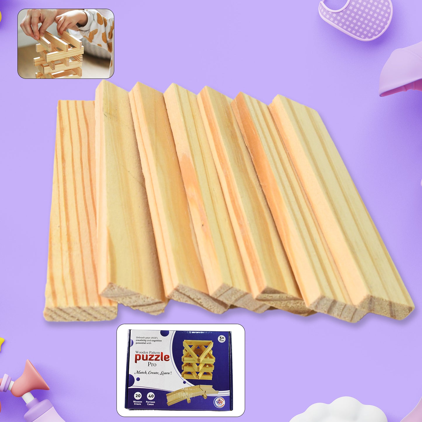 Wooden Pattern Brain Puzzles 20 Pcs Wooden Strips 40 Pattern Cards (1 Set) - Happy Price - Image 3