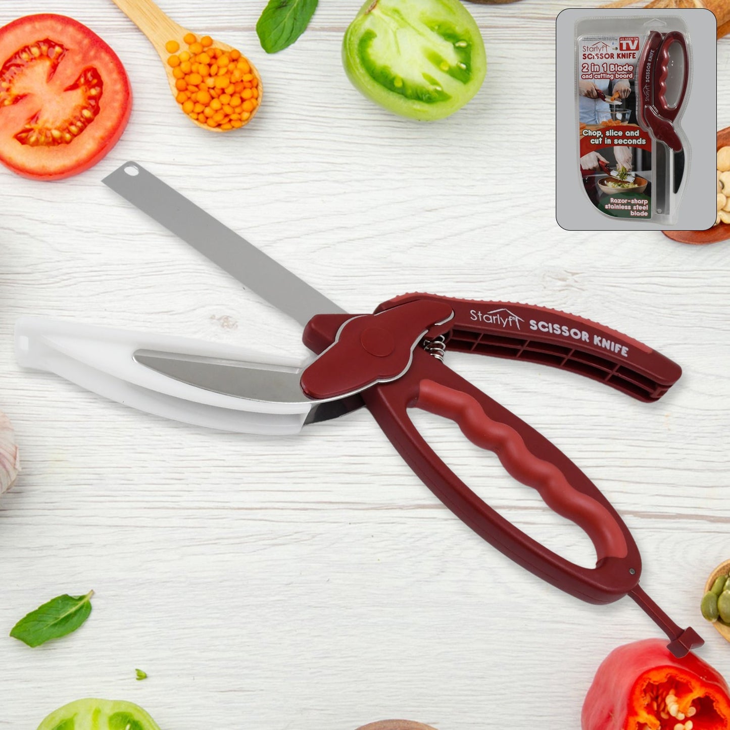 2 In 1 Kitchen Knife Scissor With Spring Locking Hinge And Chopping Board (1 Pc With Card Packing) - Happy Price - Image 1