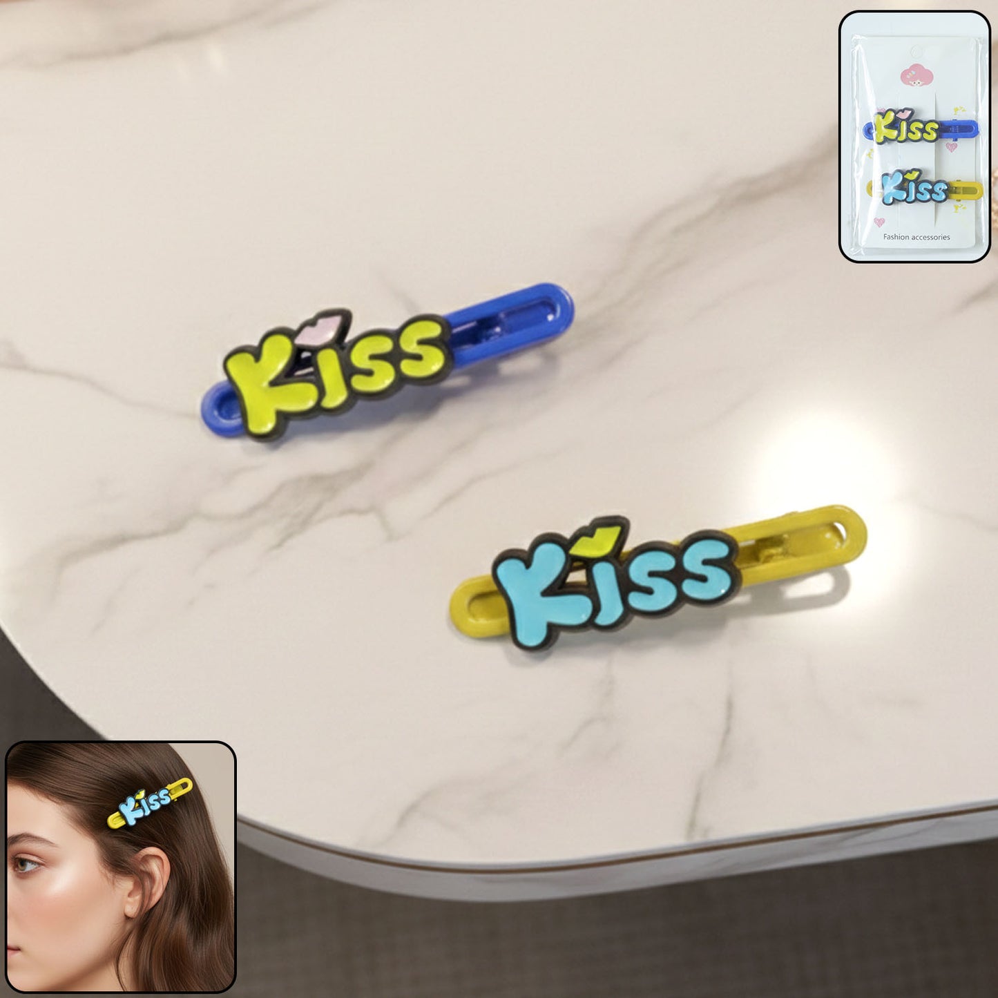 Cute "Kiss" Letter Snap Hair Clips - 2 Pc Set for Girls & Women - Happy Price - Image 2