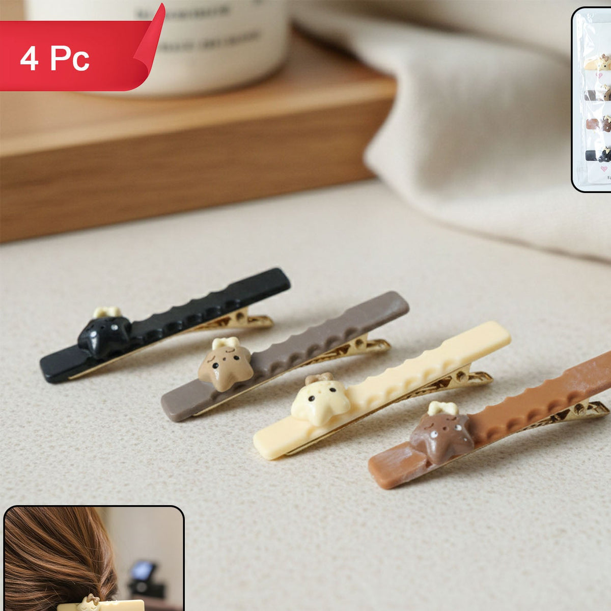 Cute Character Snap Hair Clips for Girls & Women - 4 Pc Set - Happy Price - Image 1