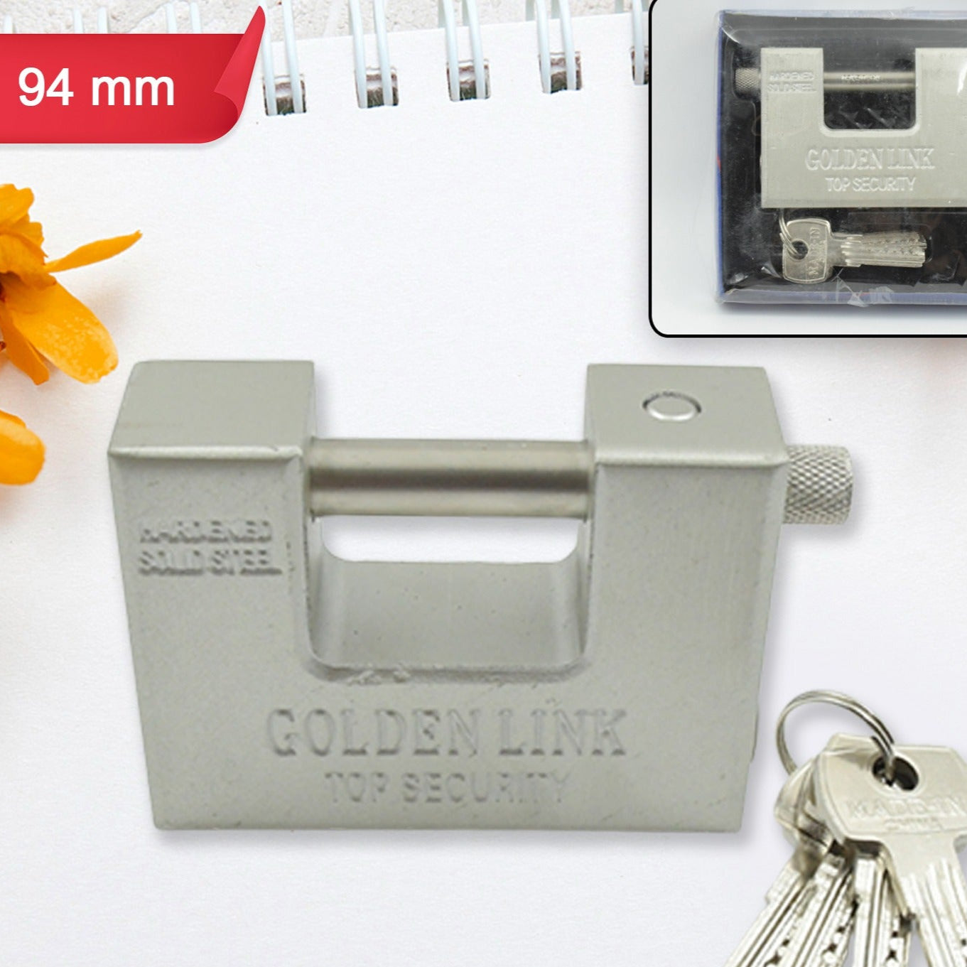 Stainless Steel Padlock Rectangular Shape Hardened Steel High Resistance With 5 Keys Door Lock For Home Dormitory Waterproof Antirust Anti-theft Padlocks Outdoor Gate Shed Locks Warehouse Big Door Drawer Lock (94 Mm) - Happy Price - Image 1