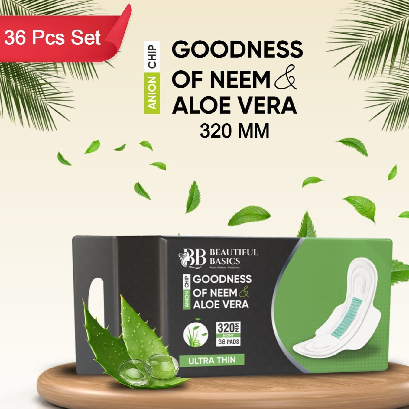Sanitary Pads For Women With Goodness Of Neem Aloe Vera Ultra Thin Leakage Protection Ph Balance With Antibacterial Anion Chip 5x More Absorbance (320 Mm 36 Pads) - Happy Price - Image 1