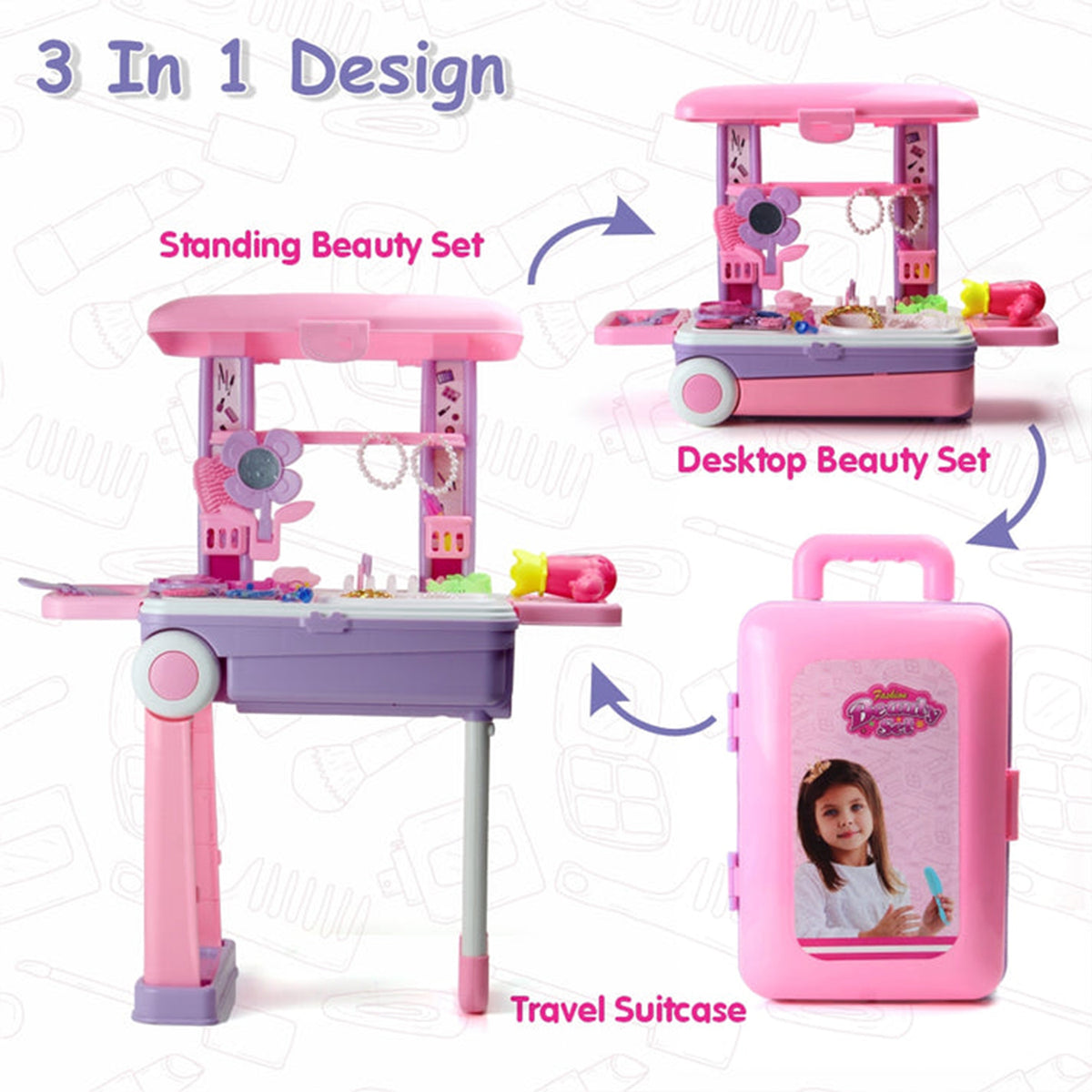 Big Beauty Set Suitcase On Wheel The Ultimate Beauty Set On Wheels For Girls Makeup Kit Is Easy To Clean Use Portable Beauty Set With 25 Pieces For 3 Years Bis Approved. (Beauty Set Trolley) - Happy Price - Image 3