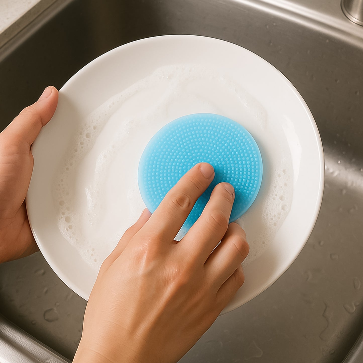 Sky Blue Silicone Dish Scrubber - Gentle, Heat-Resistant Kitchen Cleaner - Happy Price - Image 3