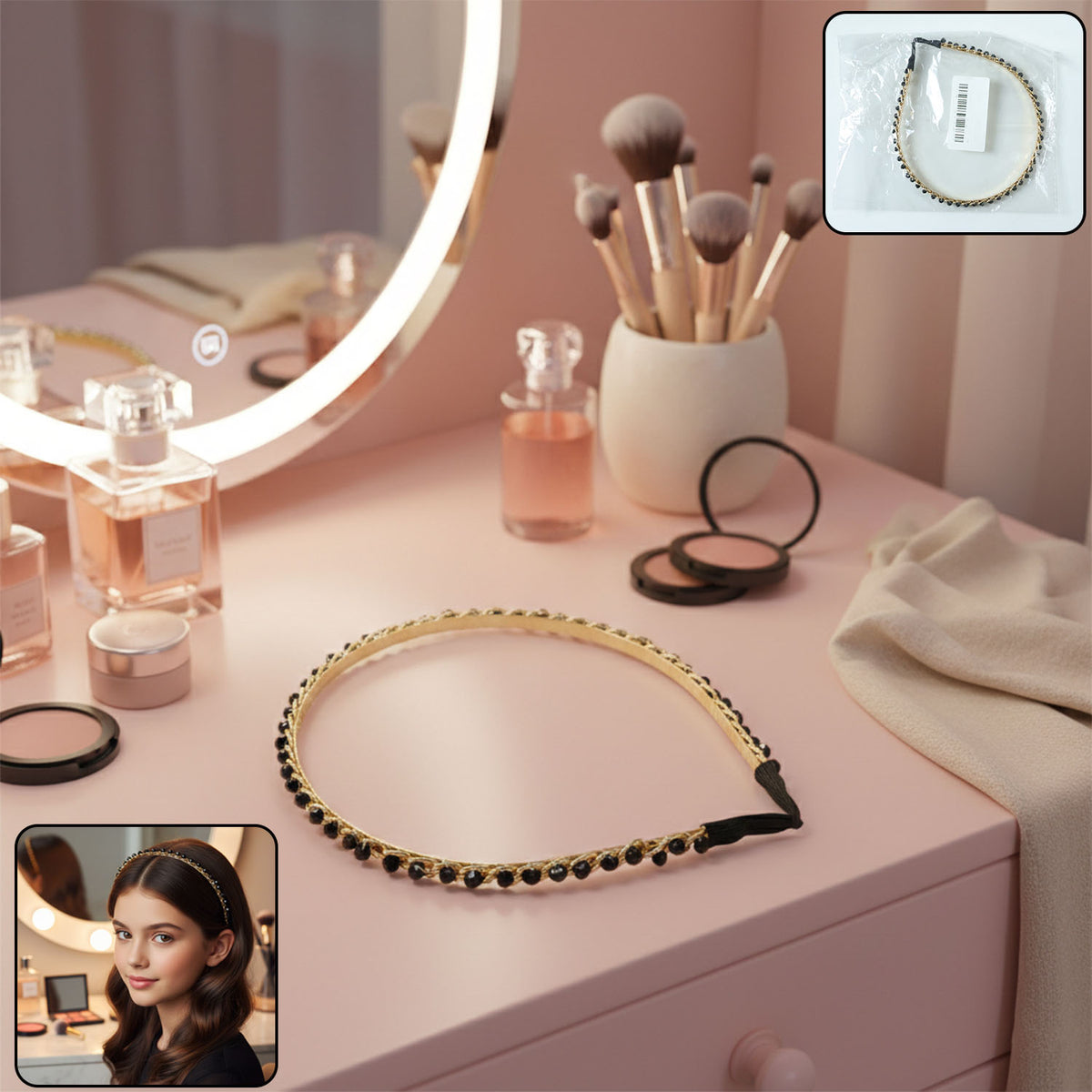Gold Finish Beaded Hair Band (1 Pc) - Stylish Metal Headband for Women - Happy Price - Image 2
