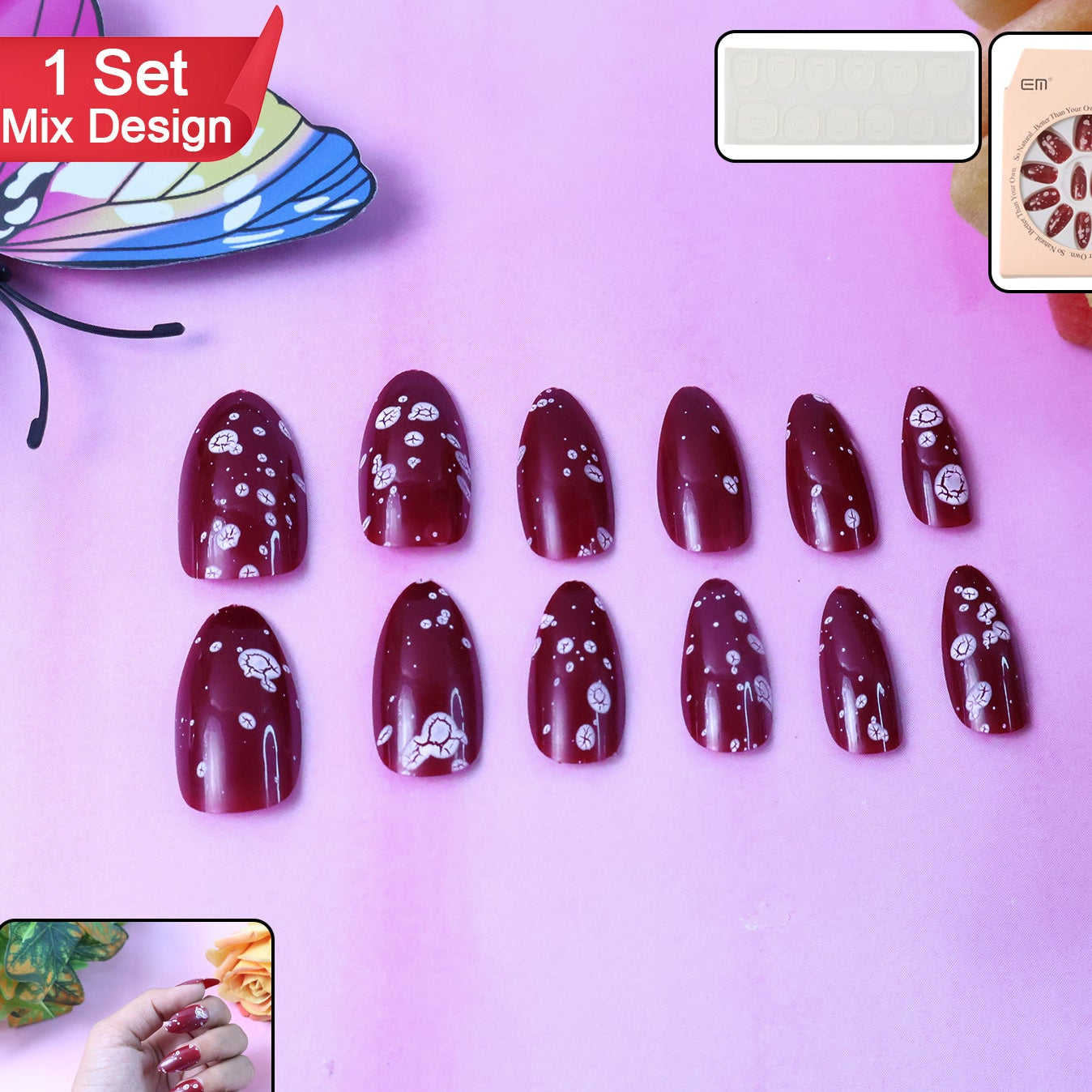 Burgundy Floral Artificial Nails - 1 Set (12 Pcs) Reusable Press-On with Adhesive Tabs - Happy Price - Image 1