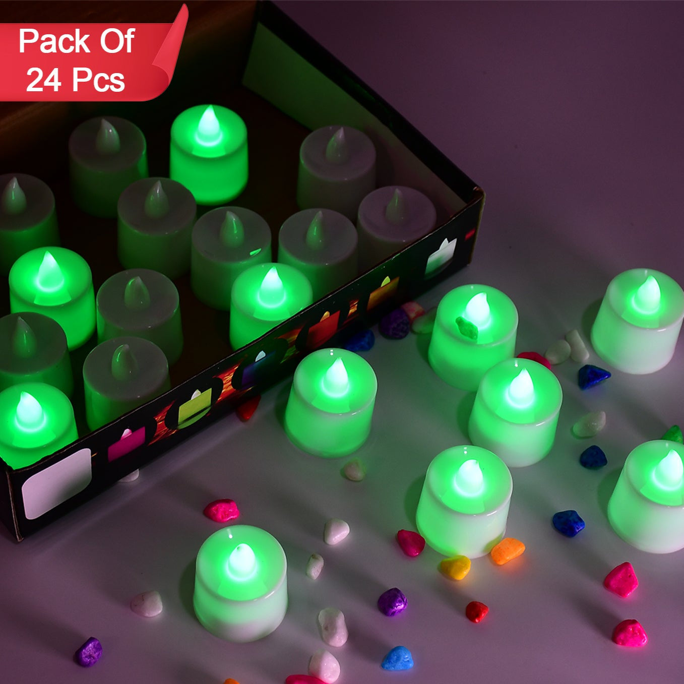 Green Flameless Led Tealights Smokeless Plastic Decorative Candles - Led Tea Light Candle For Home Decoration (Pack Of 24) - Happy Price - Image 1