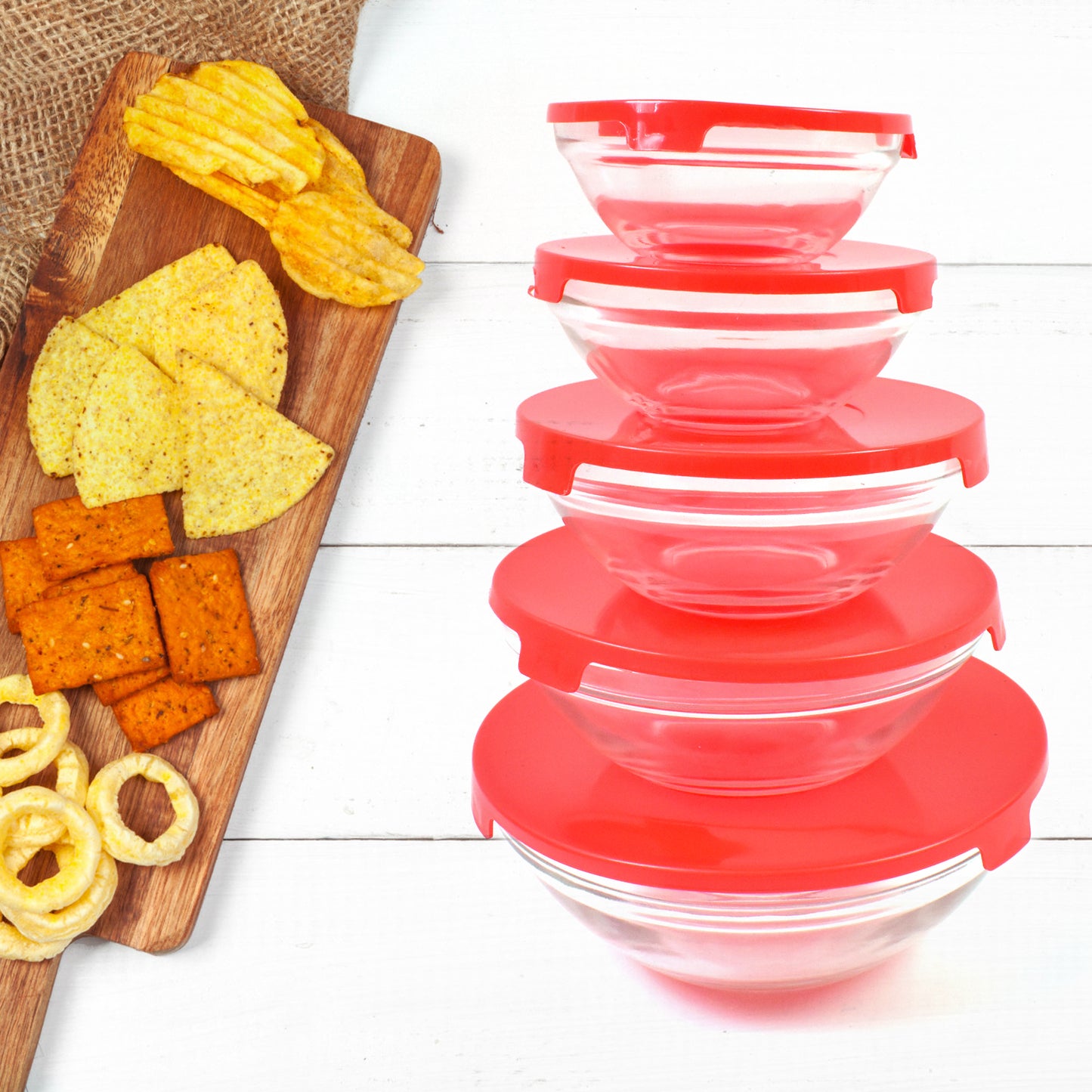 Modern Glass Bowl Set Mixing Storage Bowls With Red Lids (5 Pcs Set) - Happy Price - Image 2