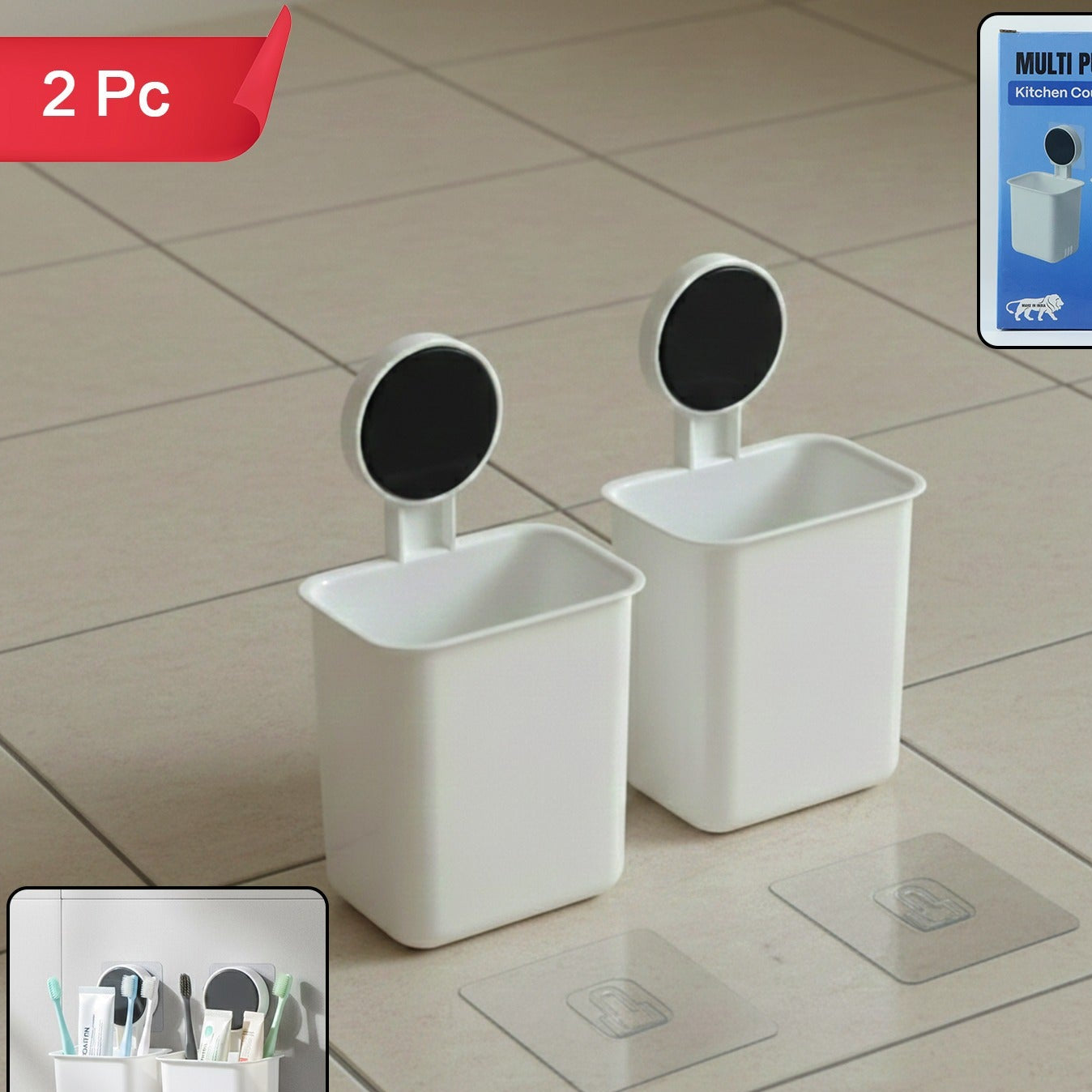 Wall Mounted Plastic Toothbrush Holder With Adhesive Installation (2 Pc)