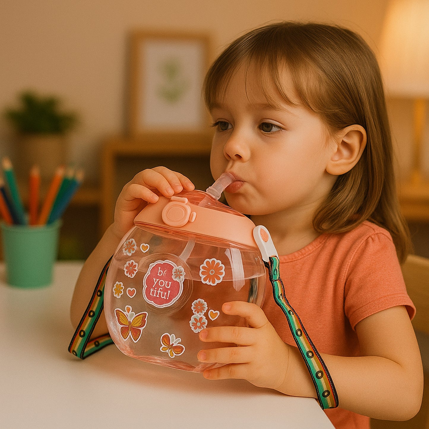 400ml Round Belly Kids Water Bottle with Straw & Strap - 1 Pc - Happy Price - Image 4