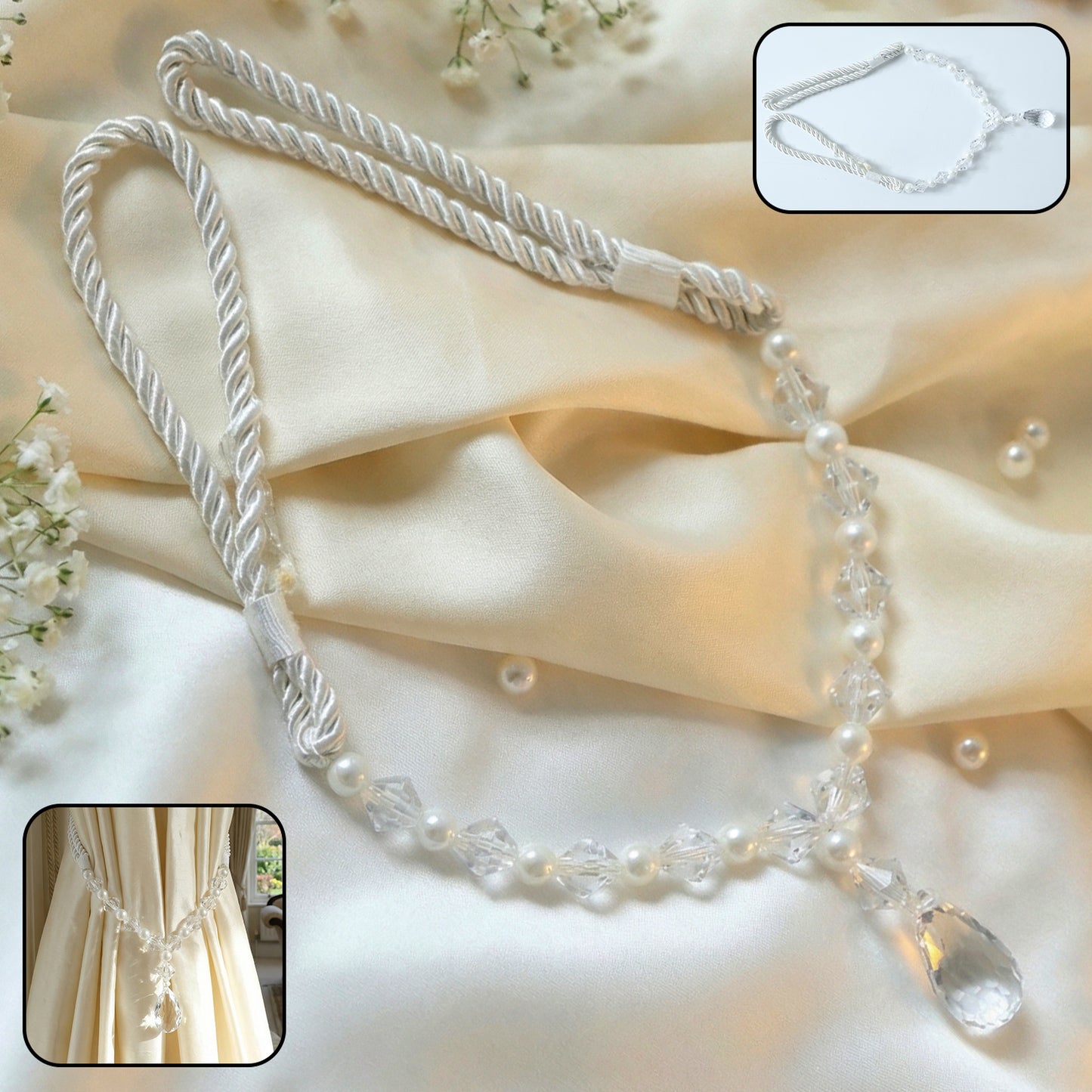 Crystal and Pearl Beaded Curtain Tieback with Rope Design (1 Pc) - Happy Price - Image 2
