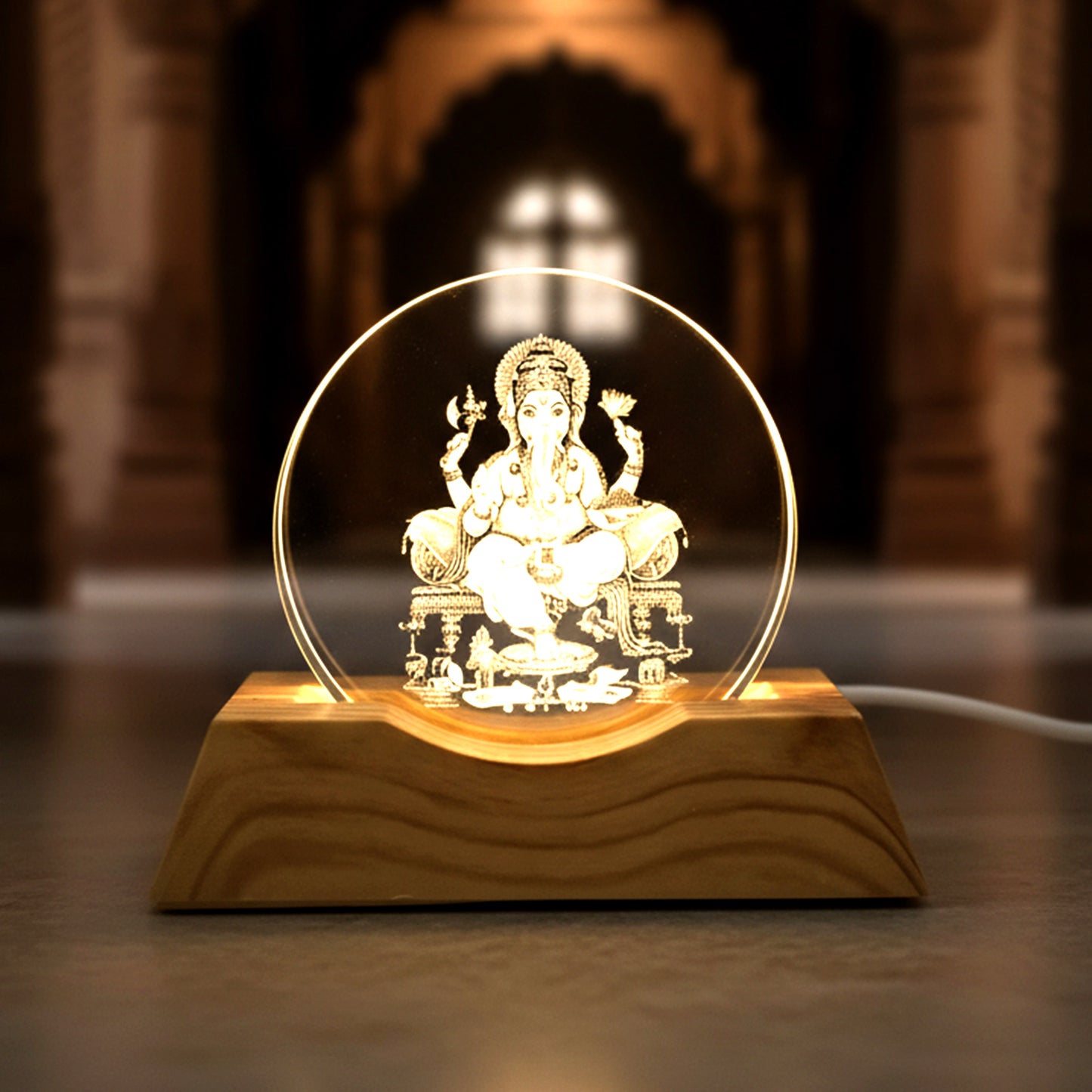 3D Ganesha Acrylic LED Night Lamp with Wooden Base - USB Powered - Happy Price - Image 2