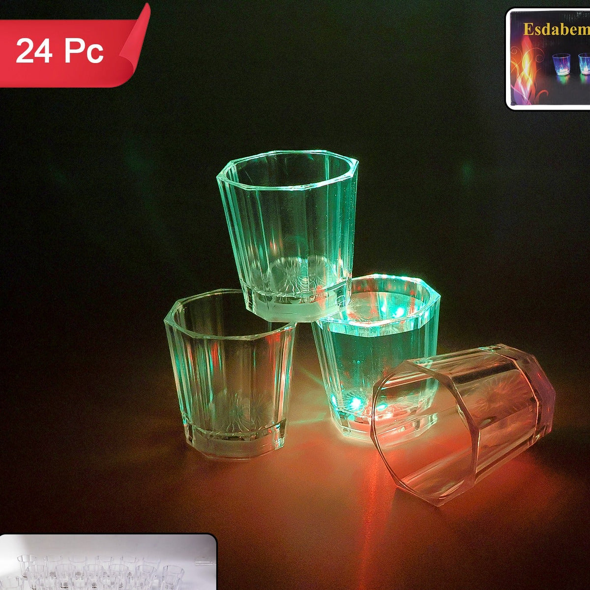 24 Pc LED Light-Up Shot Glass Set - Flashing Multi-Color Plastic Party Glasses - Happy Price - Image 1