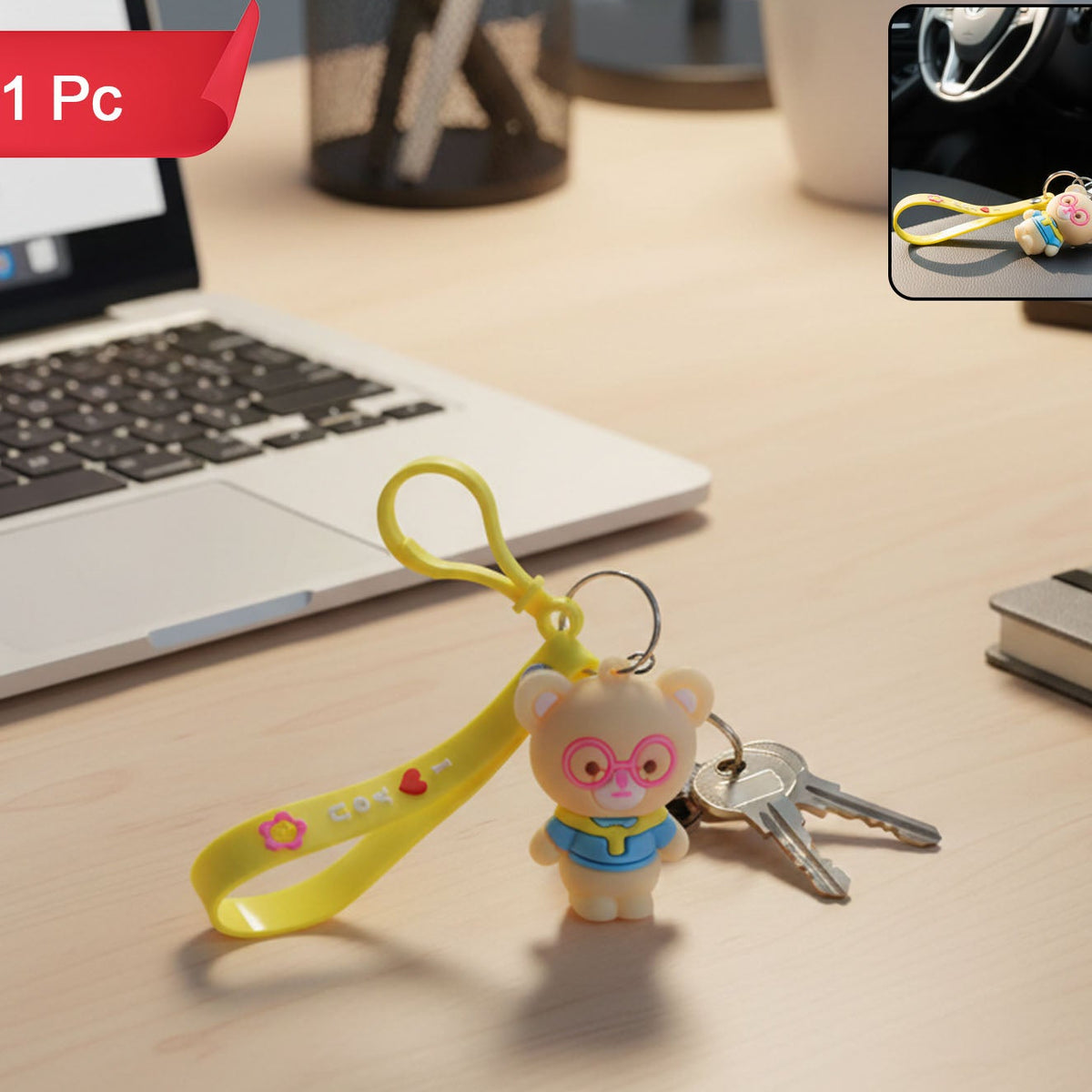 Cute Cartoon Bear Silicone Keychain with Yellow Wrist Strap (1 Pc) - Happy Price - Image 1