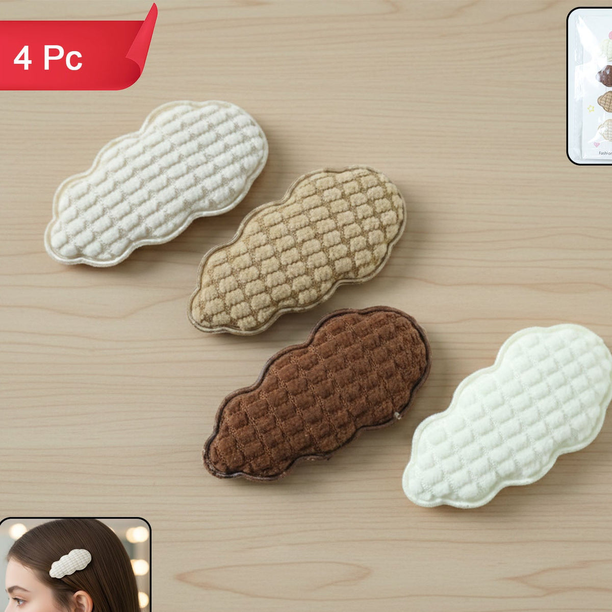 Set of 4 Padded Cloud Hair Clips for Girls - Soft Quilted Fashion Accessories - Happy Price - Image 1