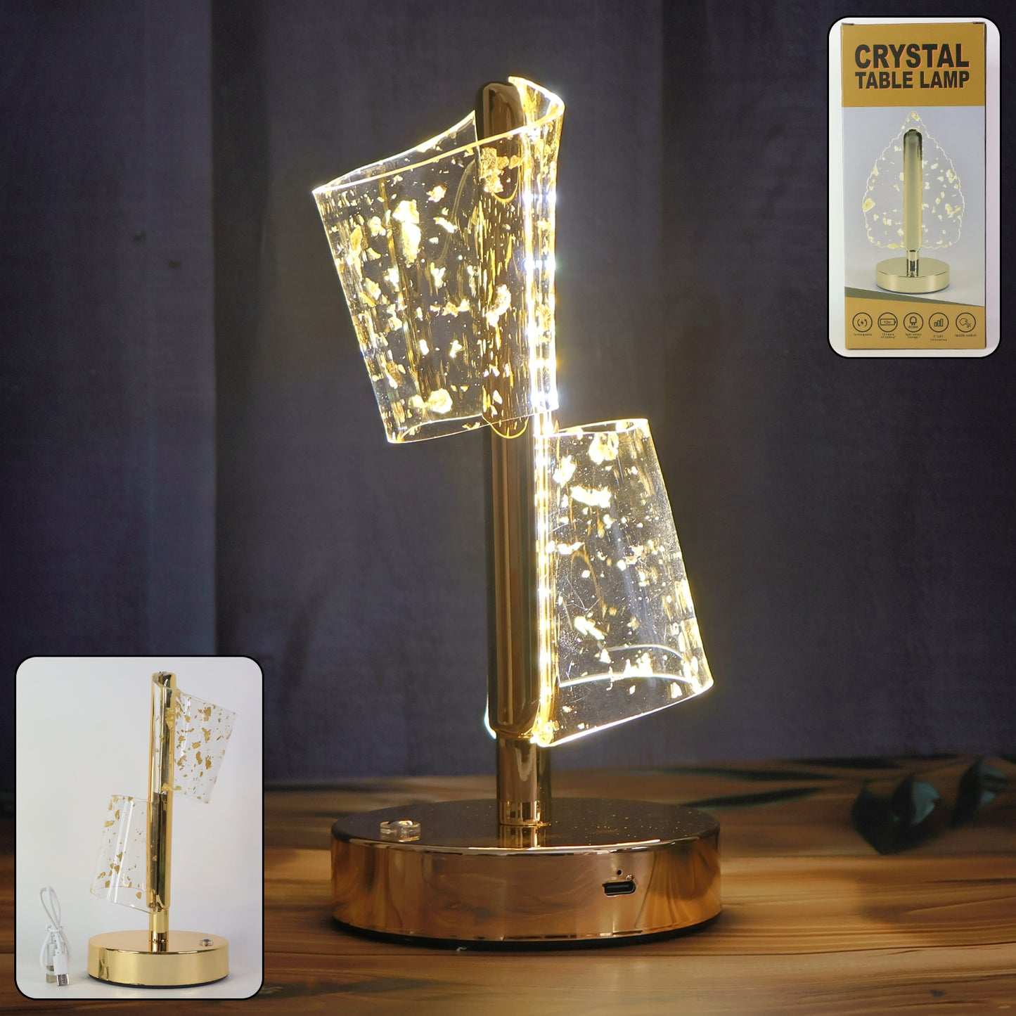 Golden Crystal LED Double Shade Table Lamp with USB Charging (1 Pc) - Happy Price - Image 6