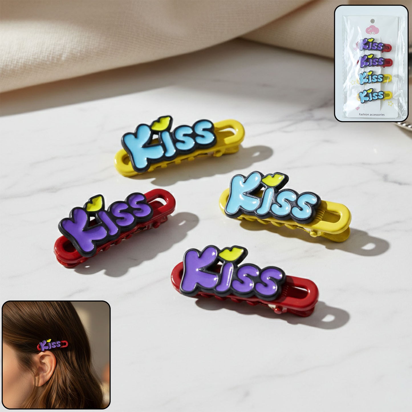 Decorative Kiss Text Hair Clips - Pack of 4 - Happy Price - Image 2
