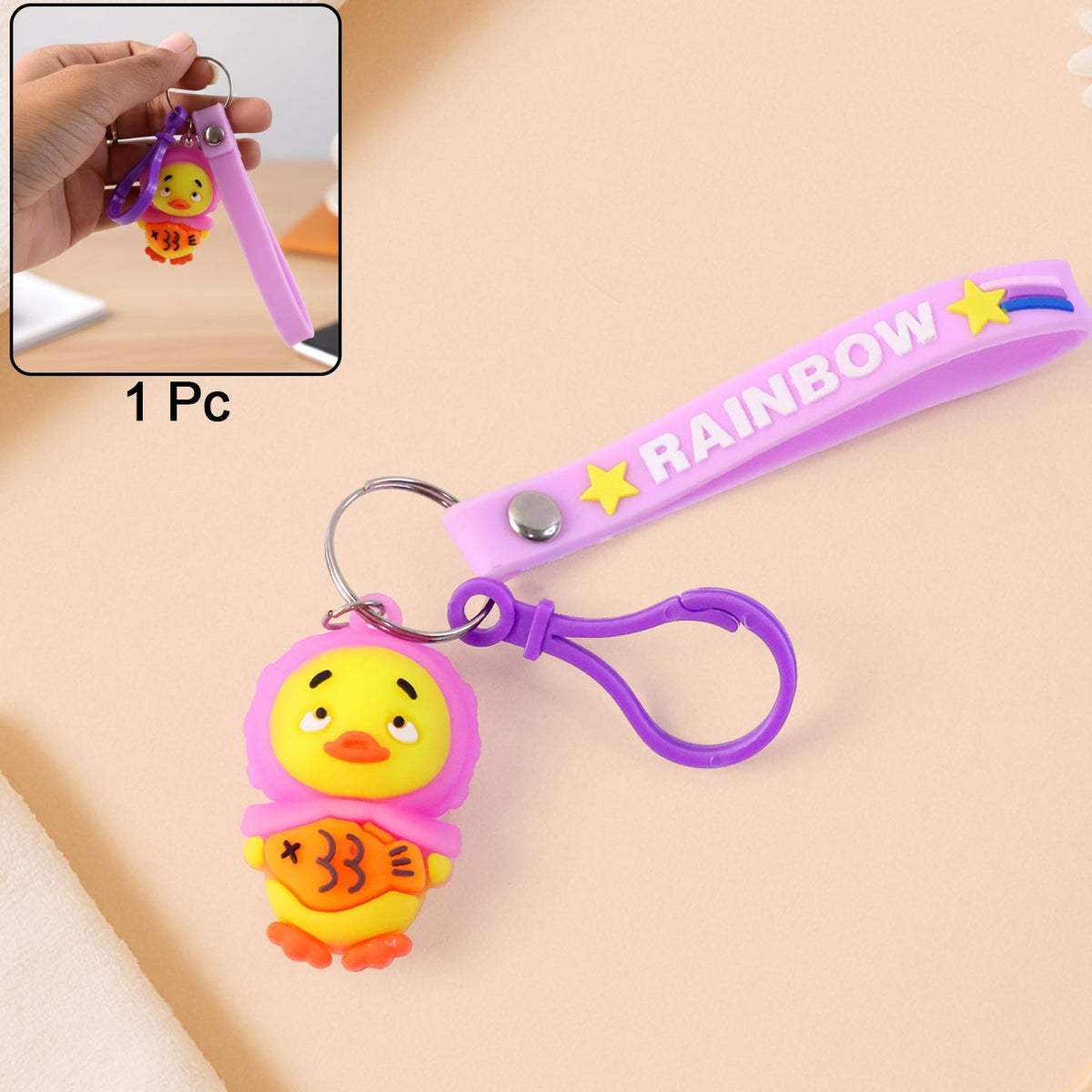 Cute Cartoon Duck Keychain with Rainbow Strap - 1 Pc - Happy Price - Image 1