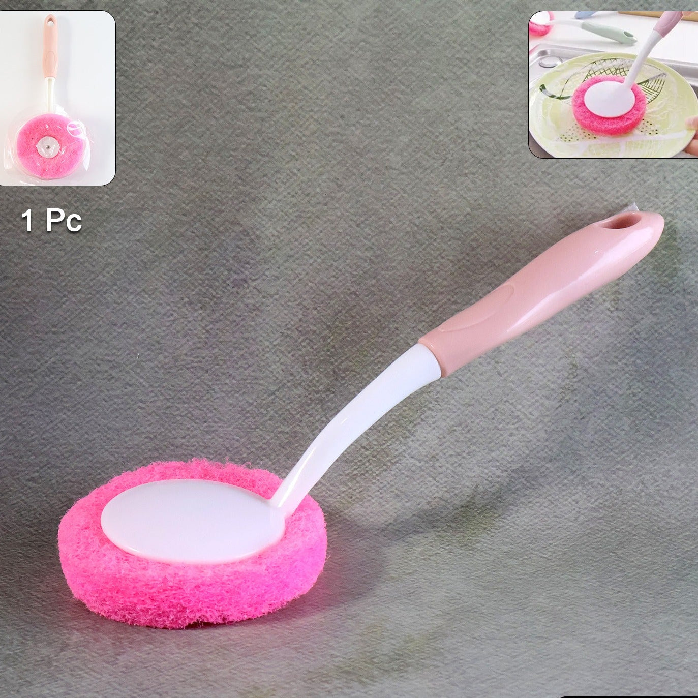 Long Handle Dish Scrubber Brush with Sponge Head - 1 Pc - Happy Price - Image 1