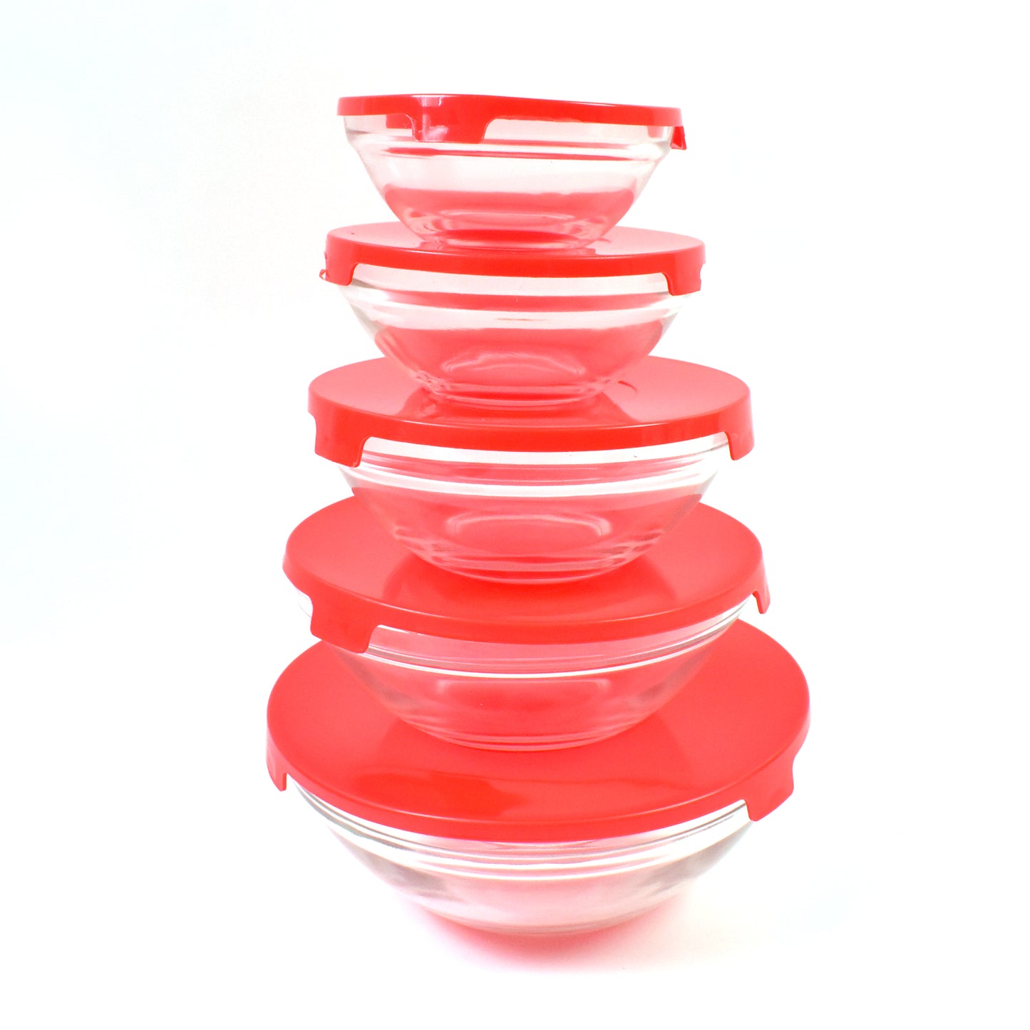 Modern Glass Bowl Set Mixing Storage Bowls With Red Lids (5 Pcs Set) - Happy Price - Image 5