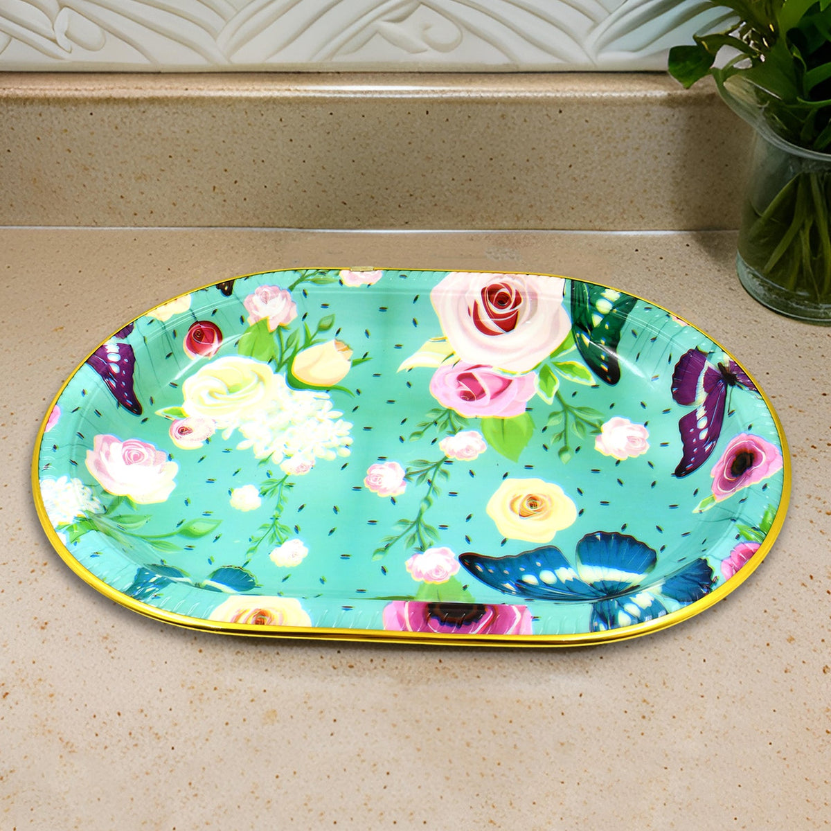 Plastic Flower Printed Design Serving Tray (3 Pcs Set Mix Color) - Happy Price - Image 4