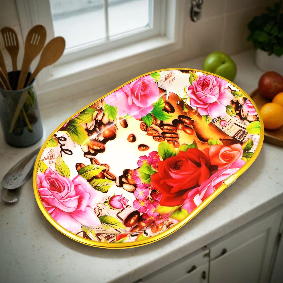 Plastic Flower Printed Design Serving Tray (3 Pcs Set Mix Color) - Happy Price - Image 6