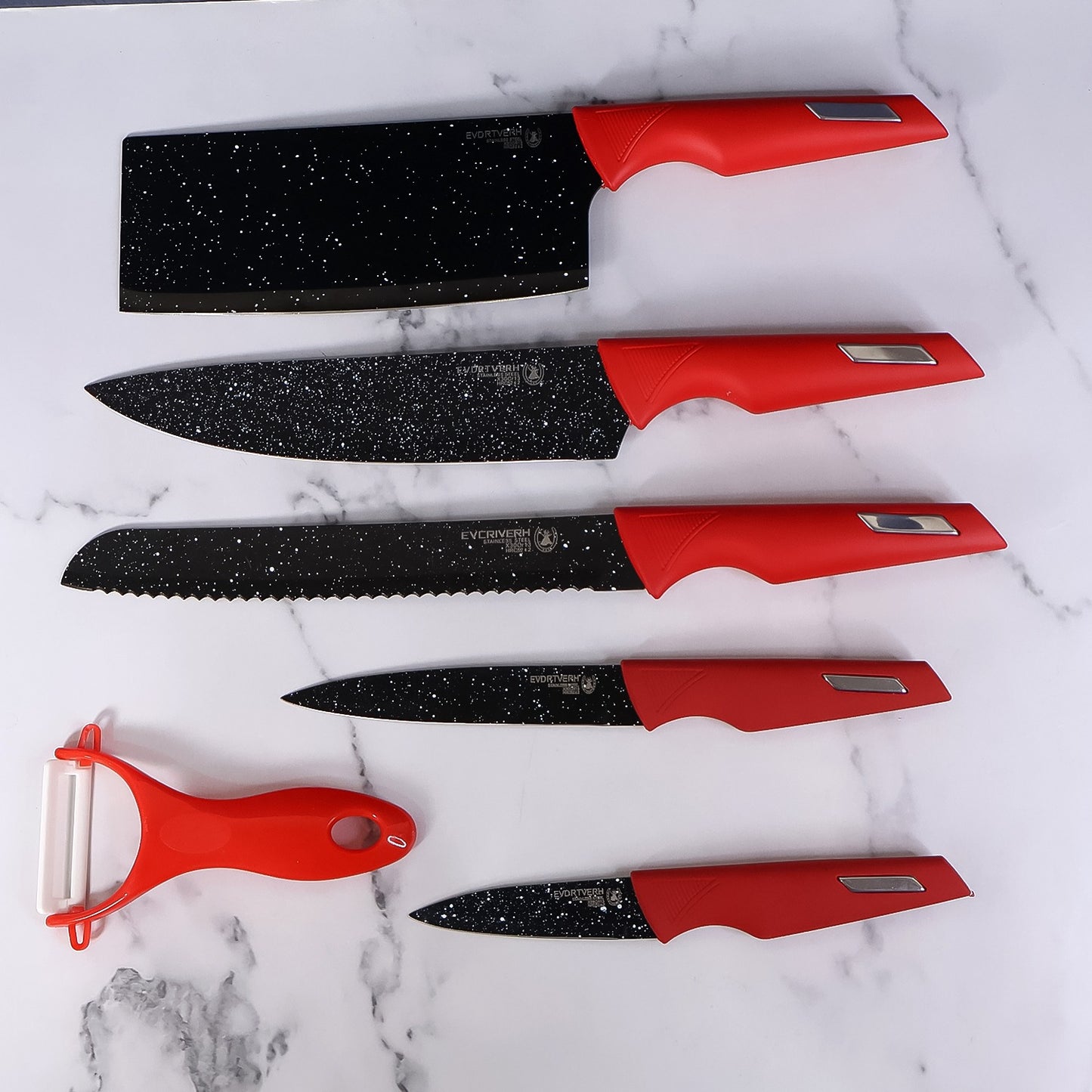 6 Piece Kitchen Knife Set with Marble-Coated Blades and Red Handles - Happy Price - Image 2