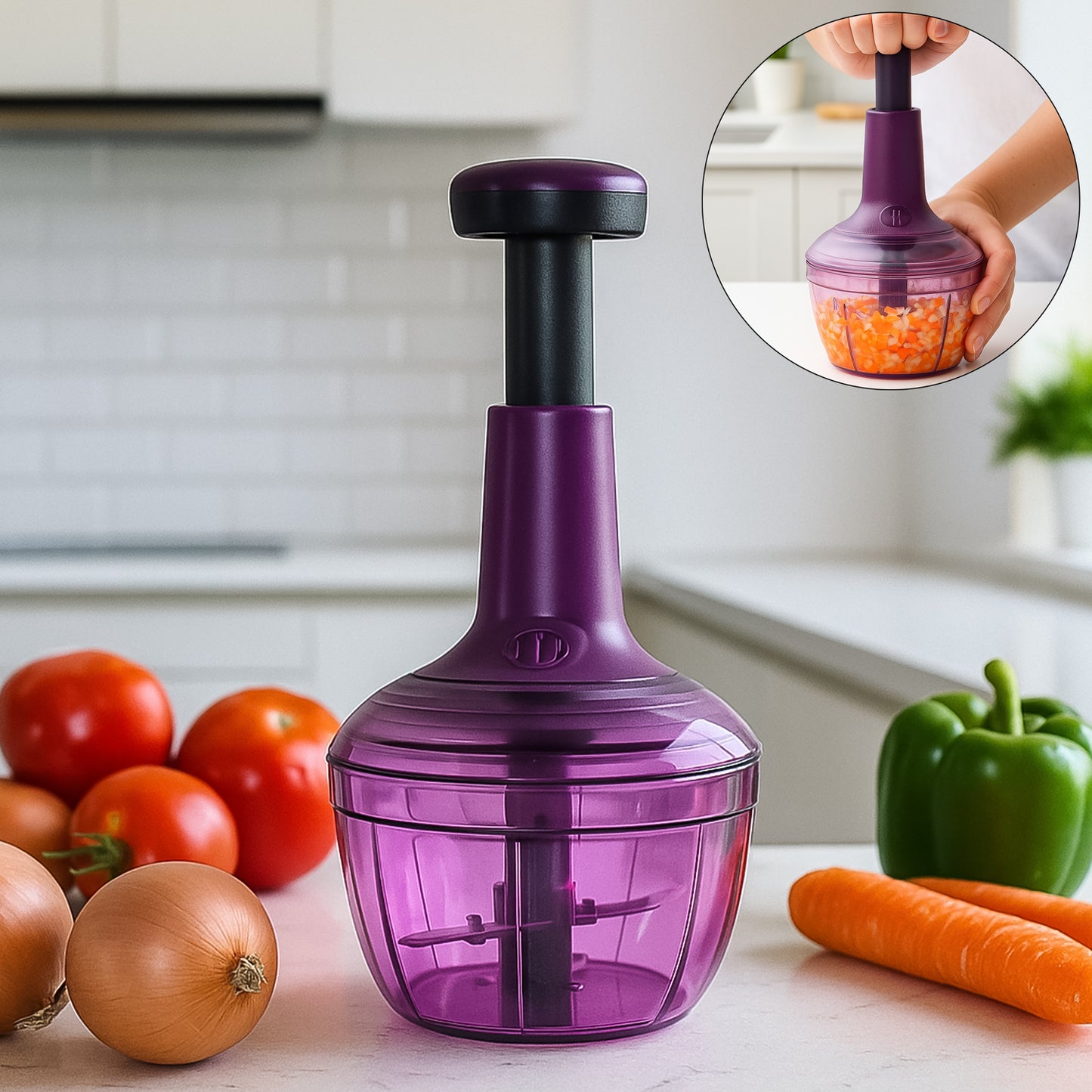 Manual Push Vegetable Chopper, 650 ML Capacity - Stainless Steel Blades (1 Pc) - Happy Price - Image 2