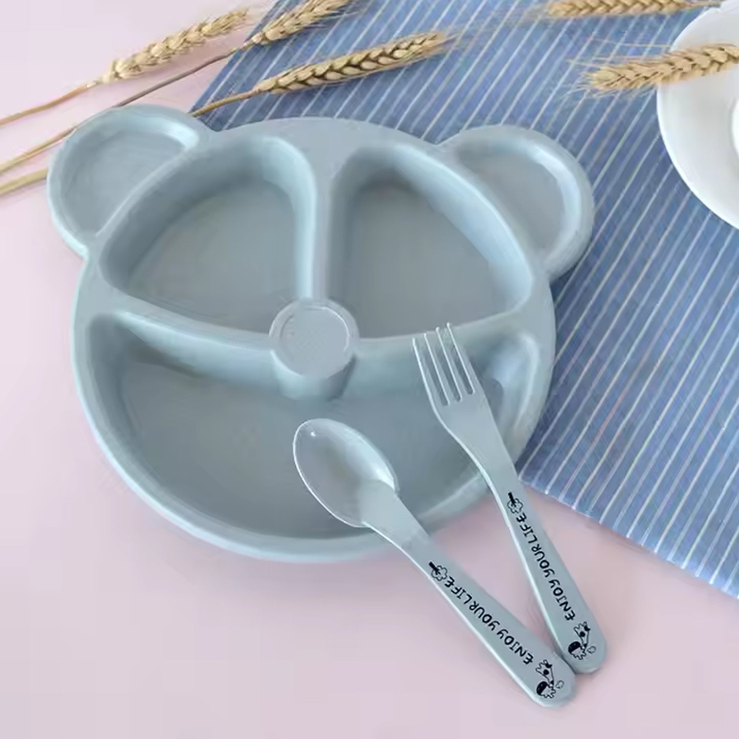Kids 3 Compartment Food Tray Plates With Spoon Fork (1 Set) - Happy Price - Image 2