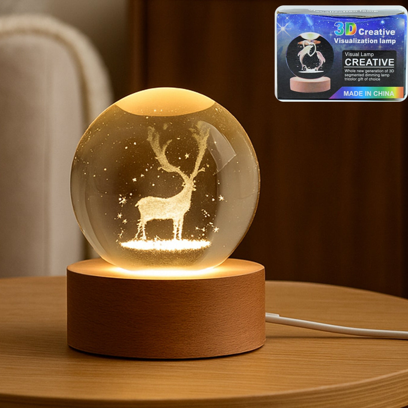 Mela Crystal Ball Night Light Glass Ball Night Lamp With Wood Base - Happy Price - Image 1