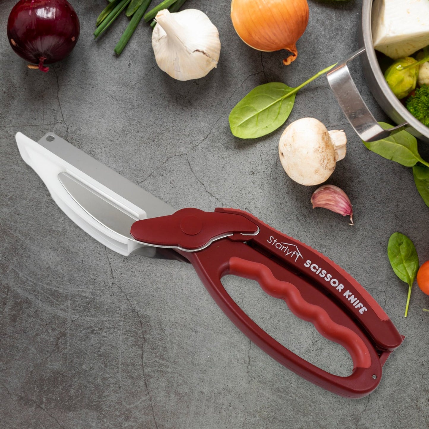 2 In 1 Kitchen Knife Scissor With Spring Locking Hinge And Chopping Board (1 Pc With Card Packing) - Happy Price - Image 4