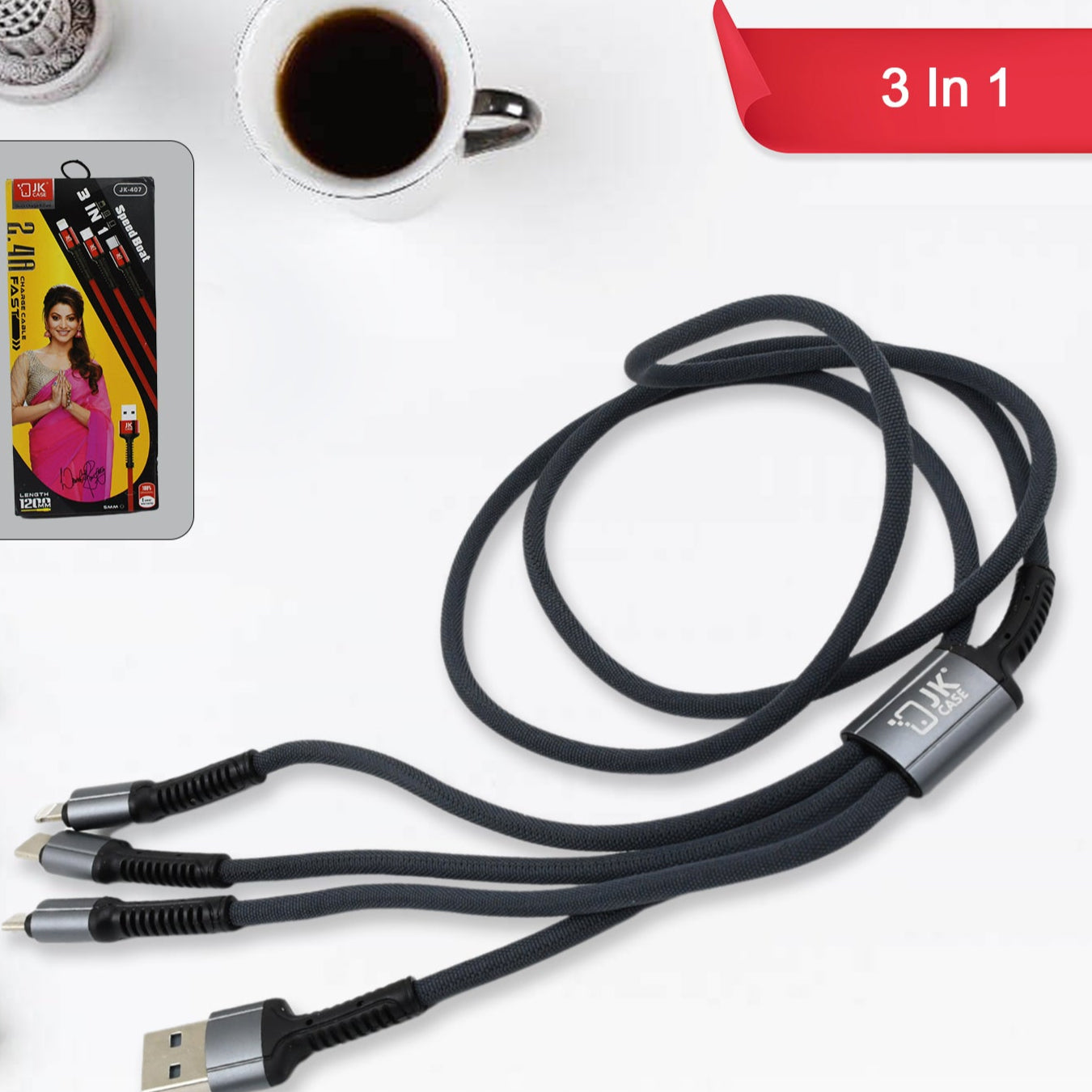3 In 1 Multi Super Fast Charging Cable (1 Pc 1200 Mm) - Happy Price - Image 1