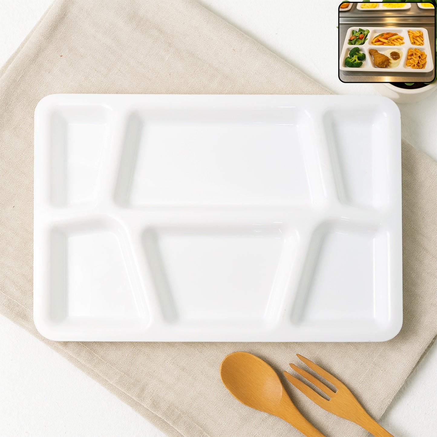 6 Compartment Plastic Meal Serving Tray - 38x27 cm White Dining Plate (1 Pc) - Happy Price - Image 7