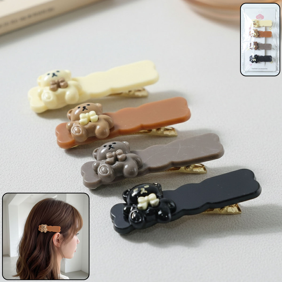 Cute Teddy Bear Snap Hair Clips Set - 4 Pc for Girls - Happy Price - Image 2