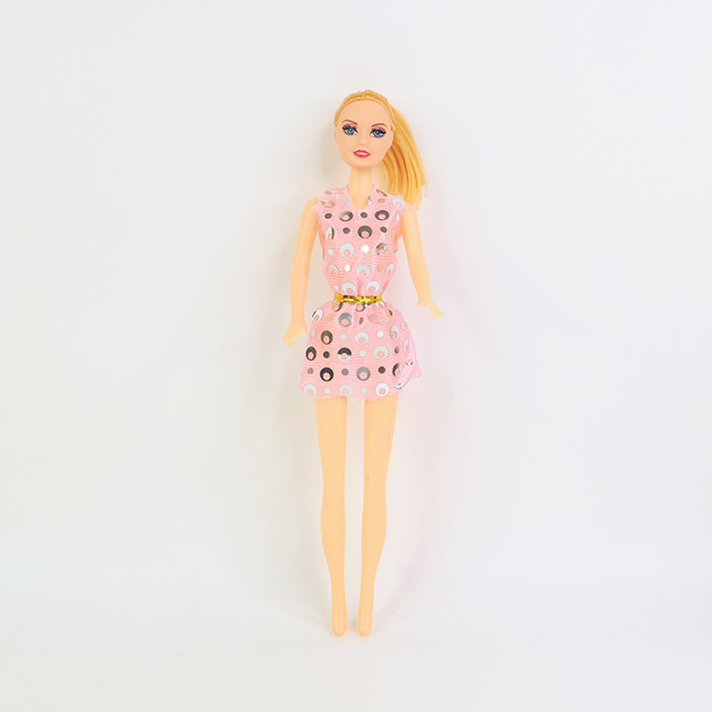 Fashion Doll with Polka Dot Dress & Belt (1 Pc) - Movable Limbs, Safe Plastic Toy - Happy Price - Image 2