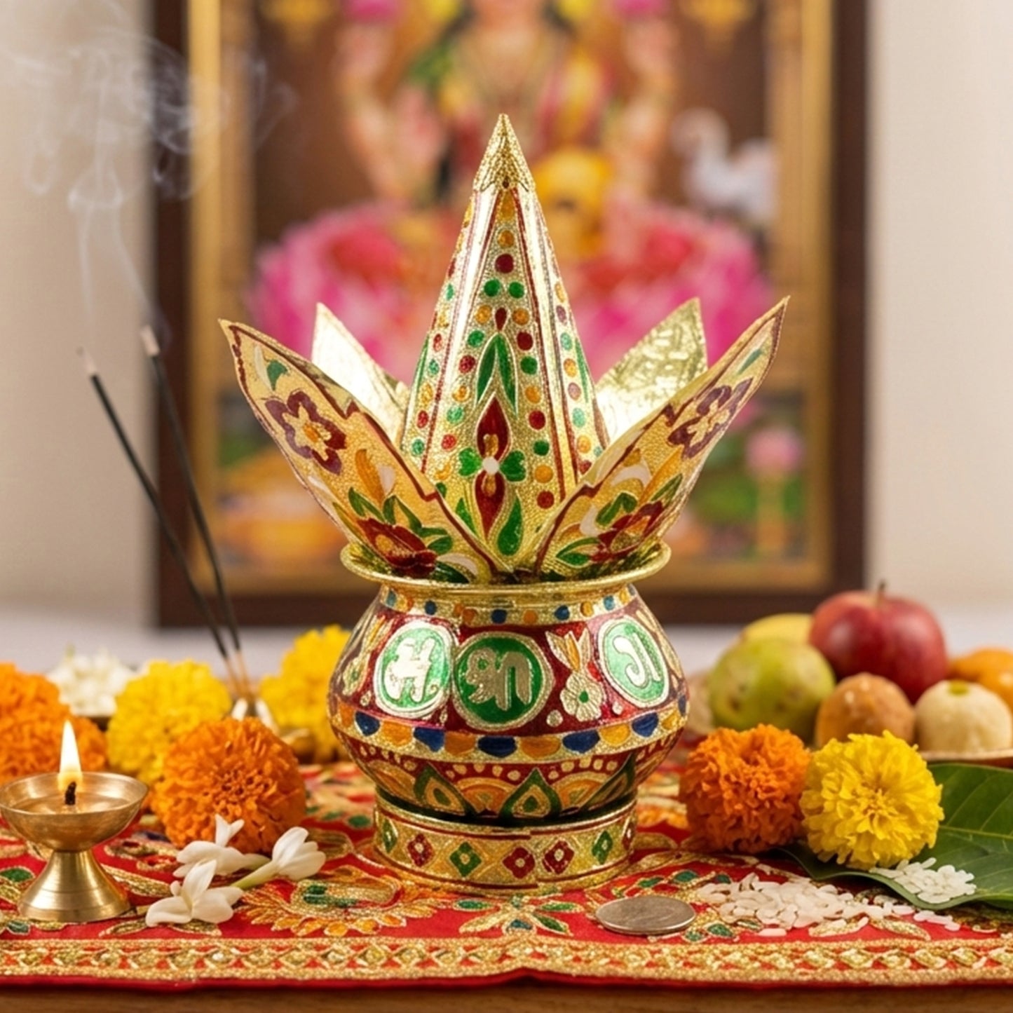 Decorative Pooja Kalash Set with Lotus Crown - 1 Set for Auspicious Occasions - Happy Price - Image 3