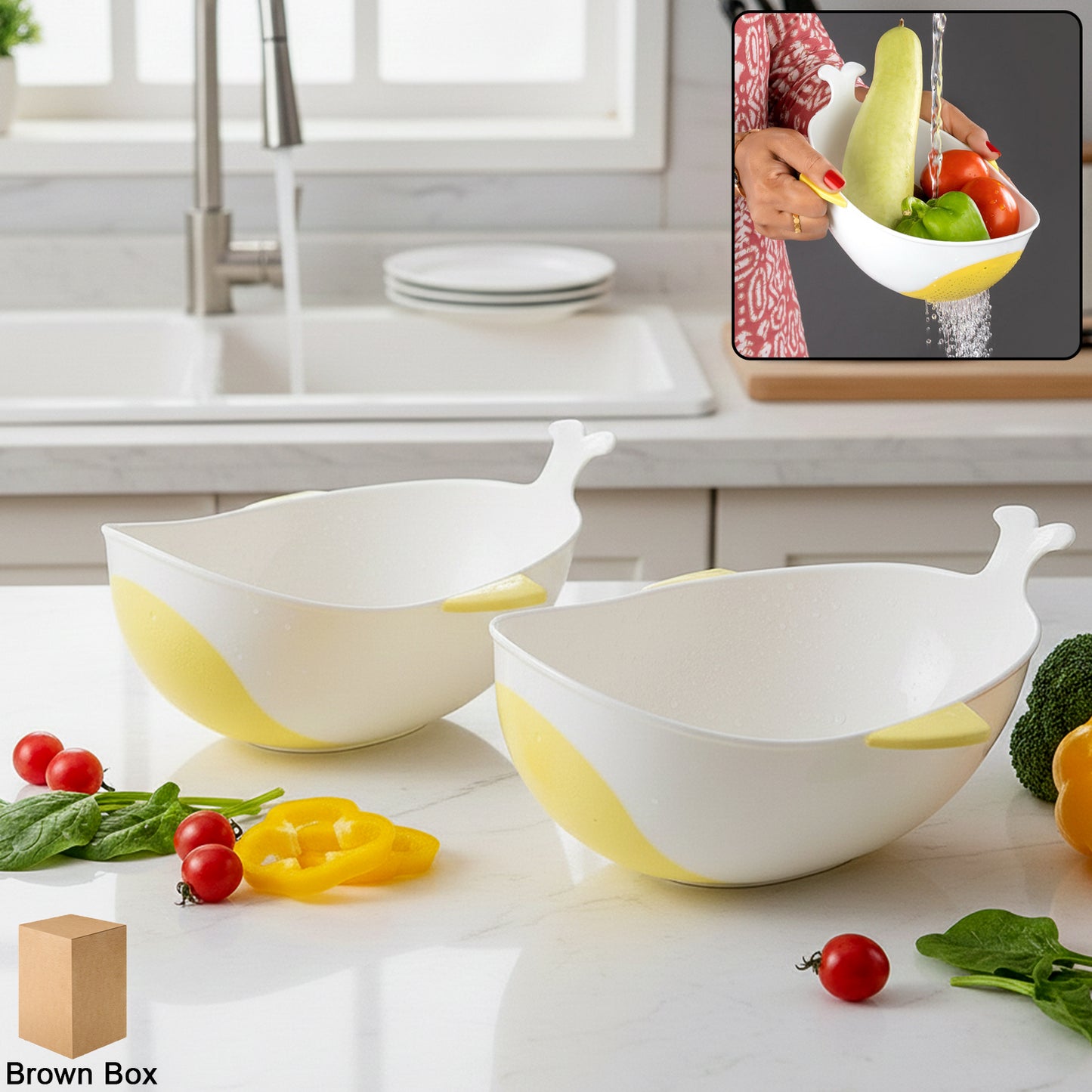 2-Piece Plastic Kitchen Bowl with Built-in Strainer for Washing Grains and Produce - Happy Price - Image 2