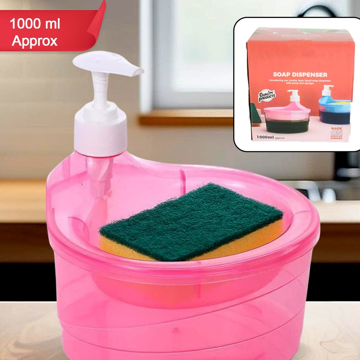 Double Layer Liquid Soap Dispenser With Pump And Sponge Practical For Hotel Sink Clear Soap Dispensing Liquid Pump Bottle For Home Kitchen Rectangle ( 2 In 1 ) - Happy Price - Image 1