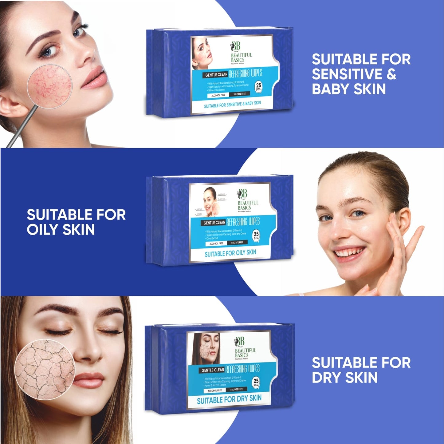Beautiful Basics Dry Oily Sensitive Normal Skin Face Wipes (4 Pkts X 100 Pcs Wipes) - Happy Price - Image 3