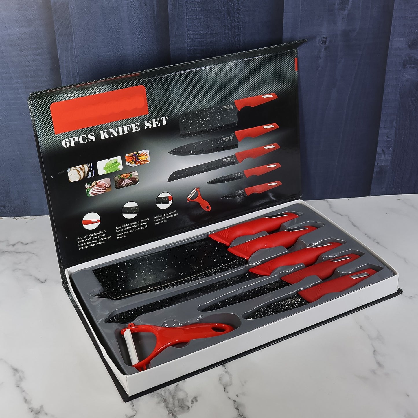 6 Piece Kitchen Knife Set with Marble-Coated Blades and Red Handles - Happy Price - Image 3