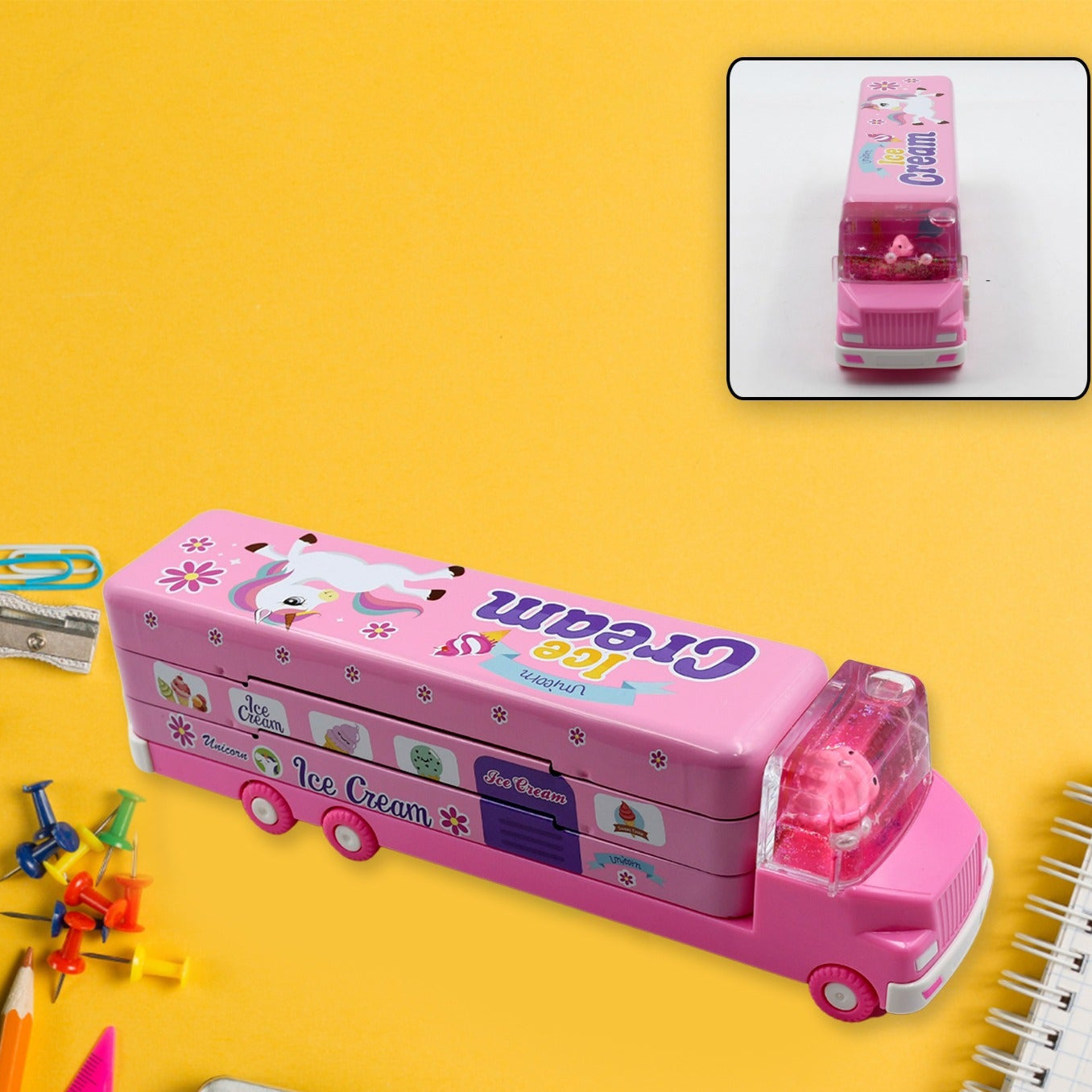 Double Decker Magic Ice Cream Truck Compass Multi Level Metal Truck Compass Pencil Case With Movable Wheels Sharpener - Happy Price - Image 1