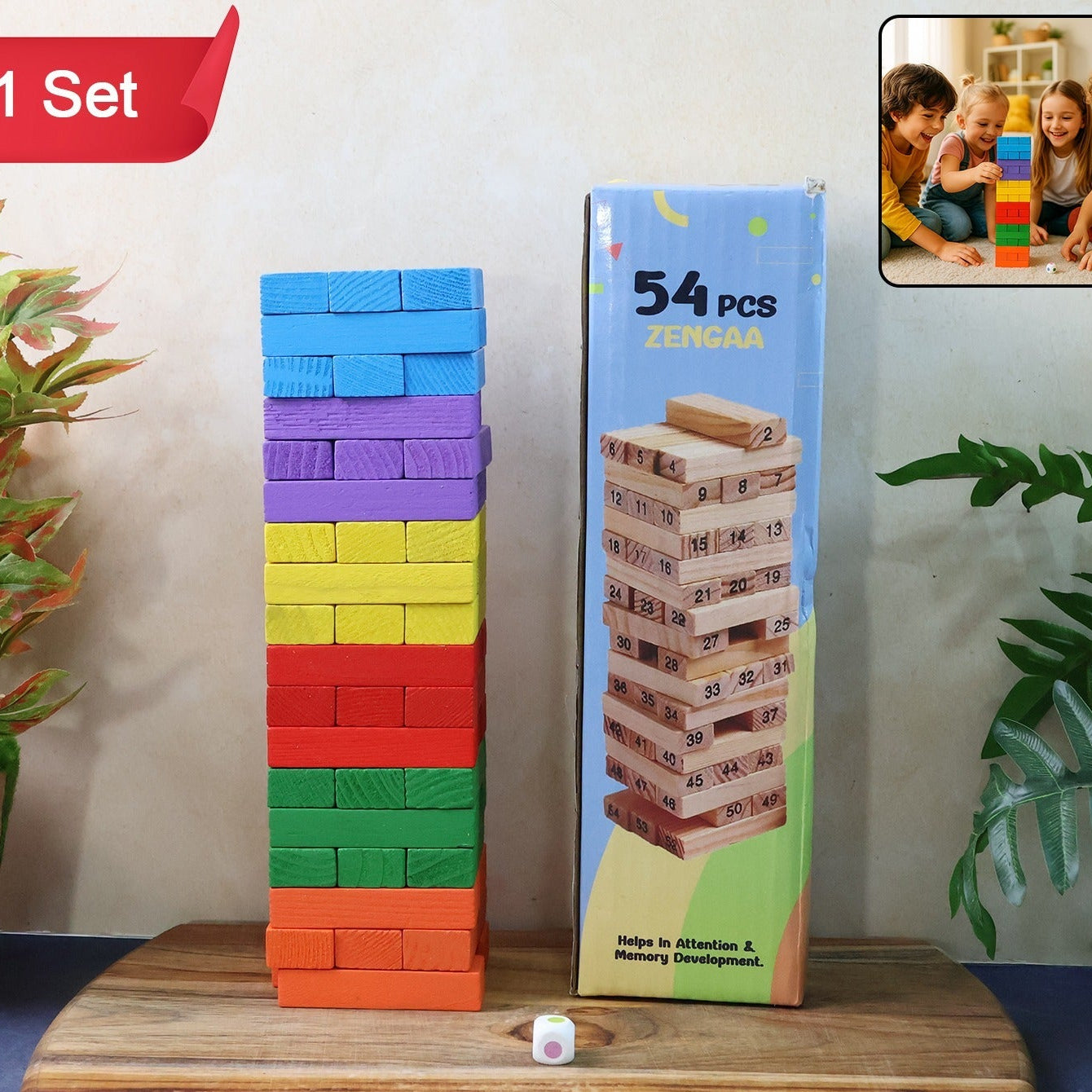 54 Piece Wooden Stacking Tower Game with Color Blocks & Action Die - Happy Price - Image 1