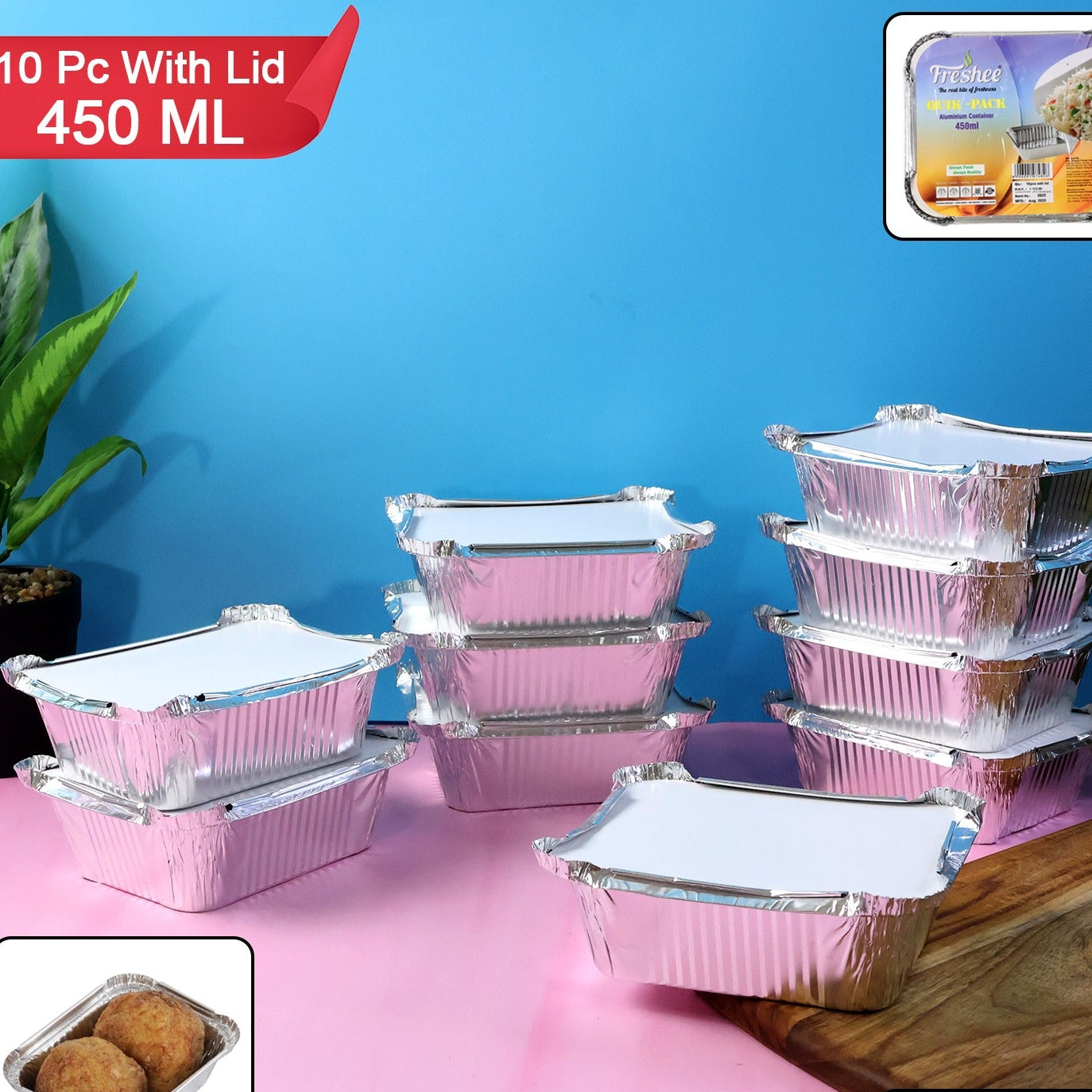 Aluminium Food Containers with Lids, 450 ML, 10 Pcs Pack - Happy Price - Image 1